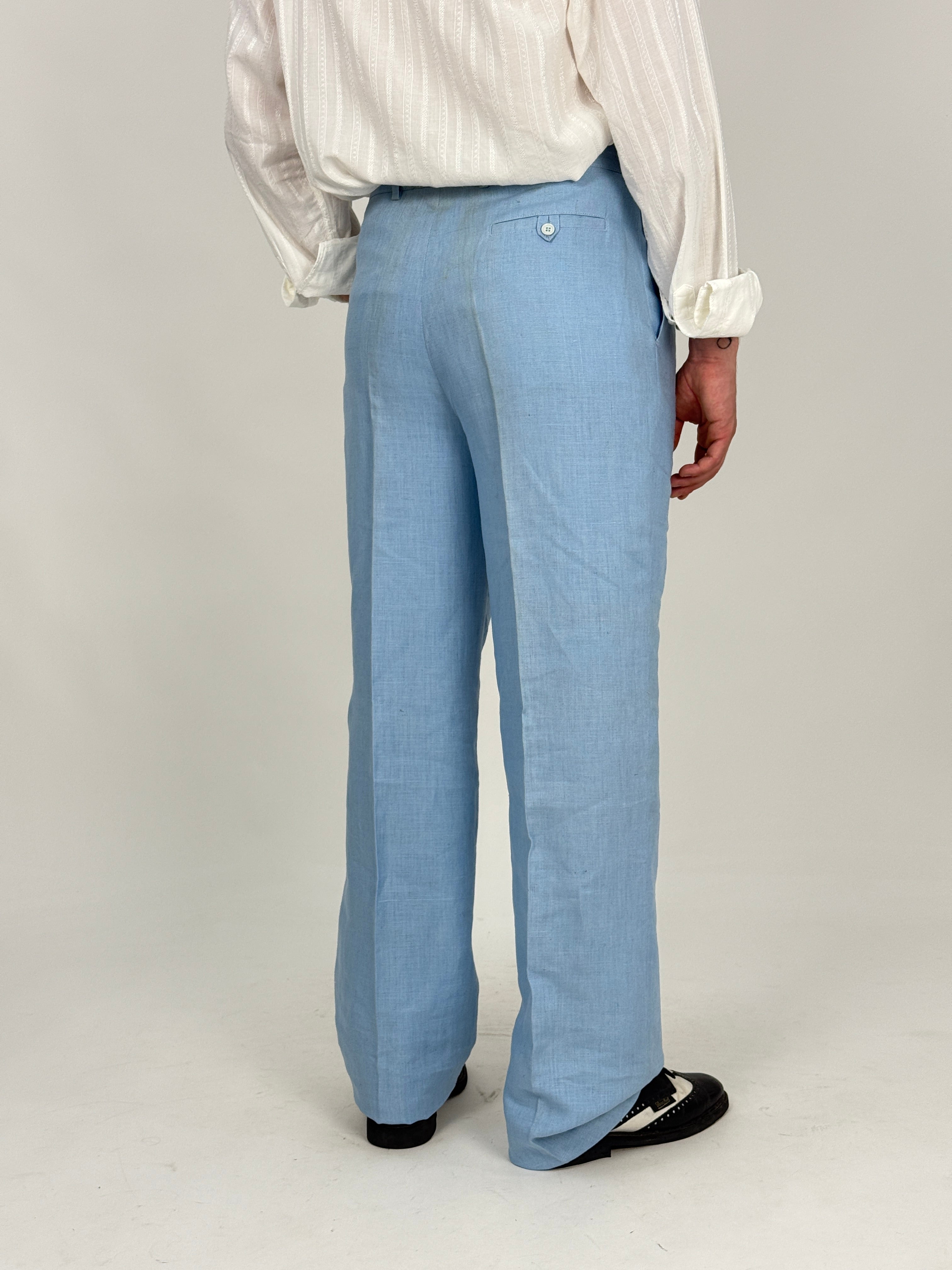 Pantaloni Vintage Gulp Deadstock Puro Lino Celeste Anni '70 - Taglia 48