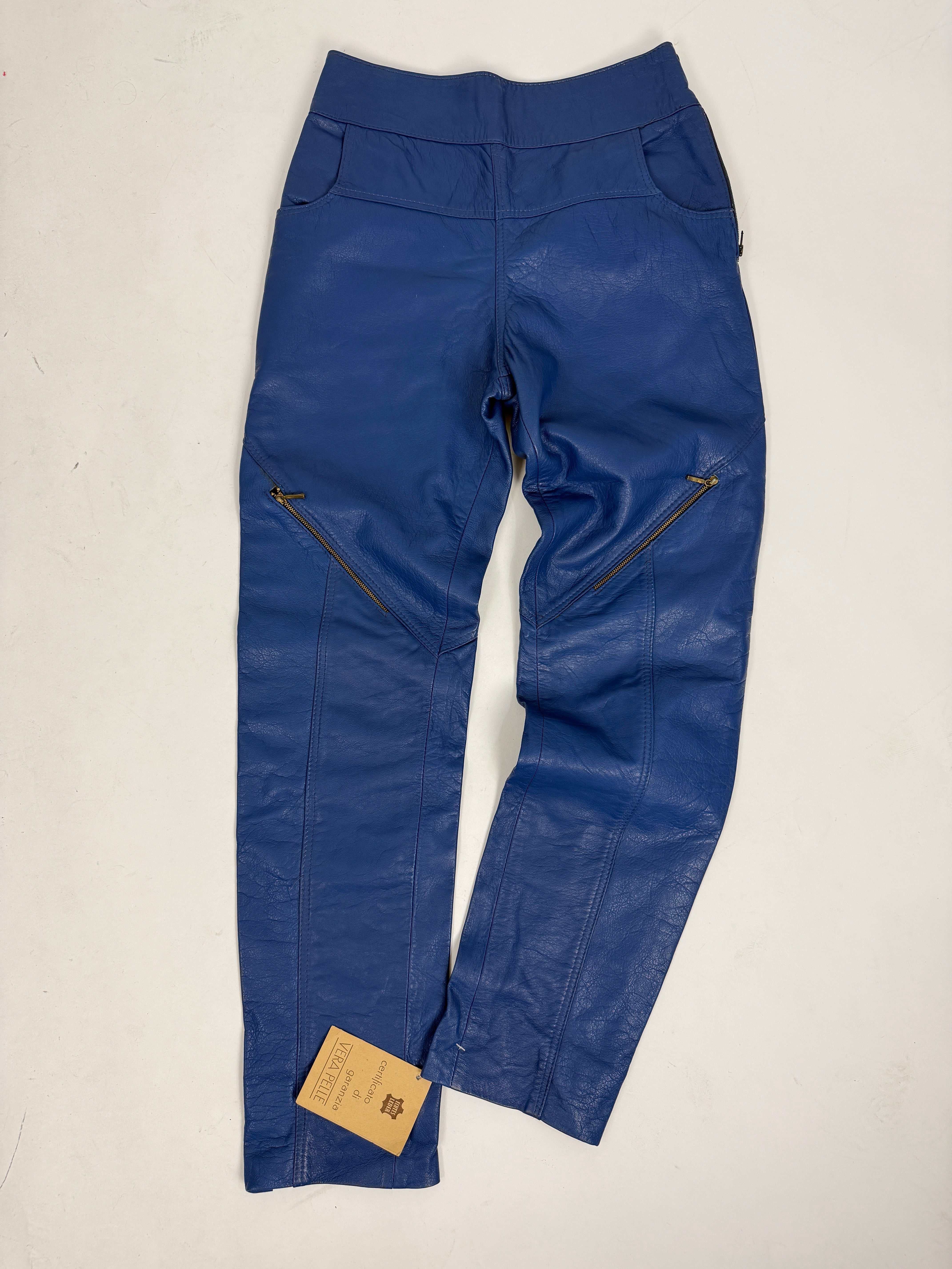 Pantaloni Vera Pelle Blu Deadstock Anni '80 - Taglia 42