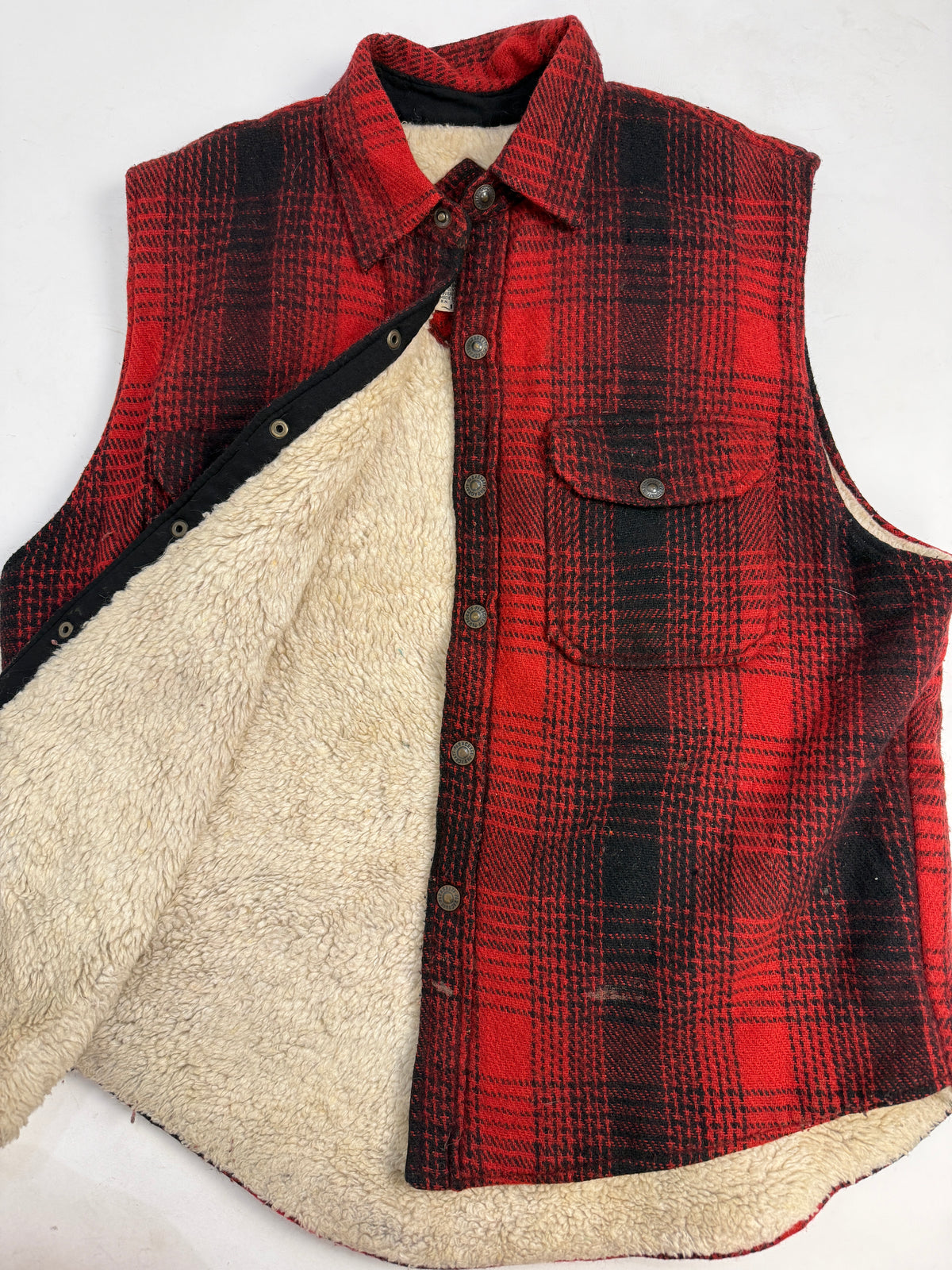 Gilet Paragraff Tartan Rosso Nero Foderato Sherpa Anni '80 - Taglia L