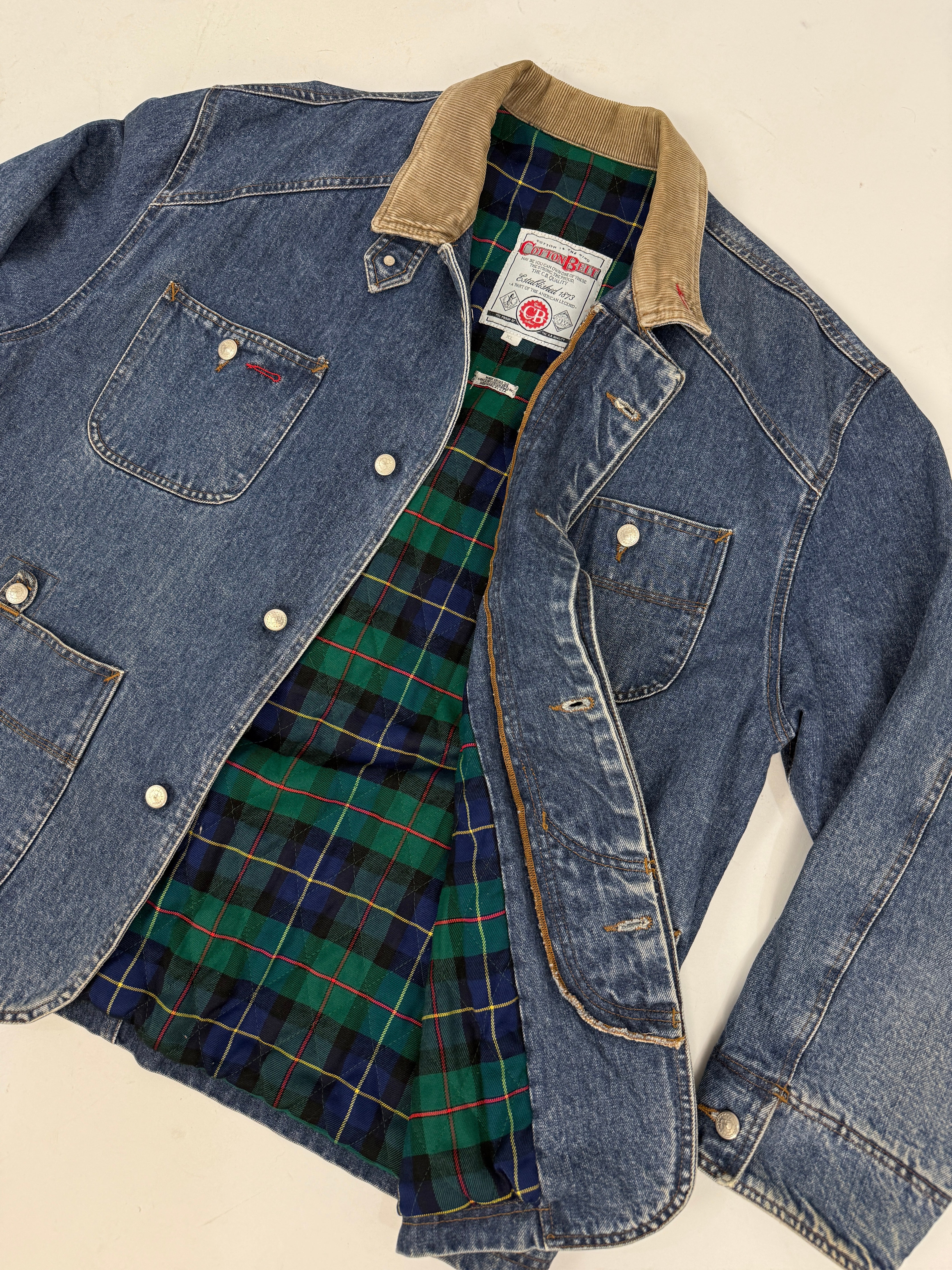 Giacca Denim Cotton Belt U.S.A. Anni '80/'90 - Barn Jacket con Fodera Tartan -Taglia XL