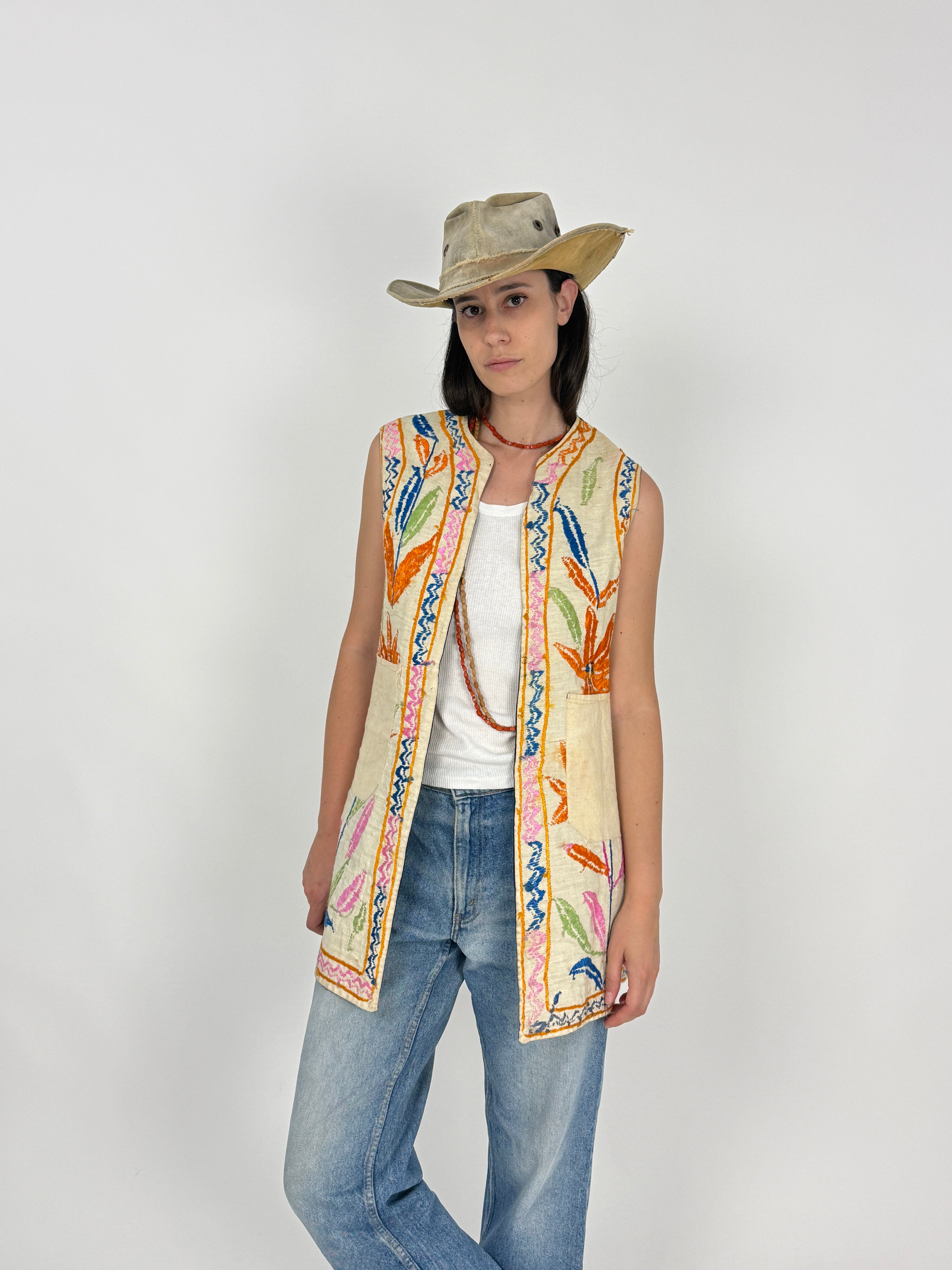 Gilet Artigianale Reversibile Ricamo a Mano Botanico Anni '60/'70 - Taglia M/L