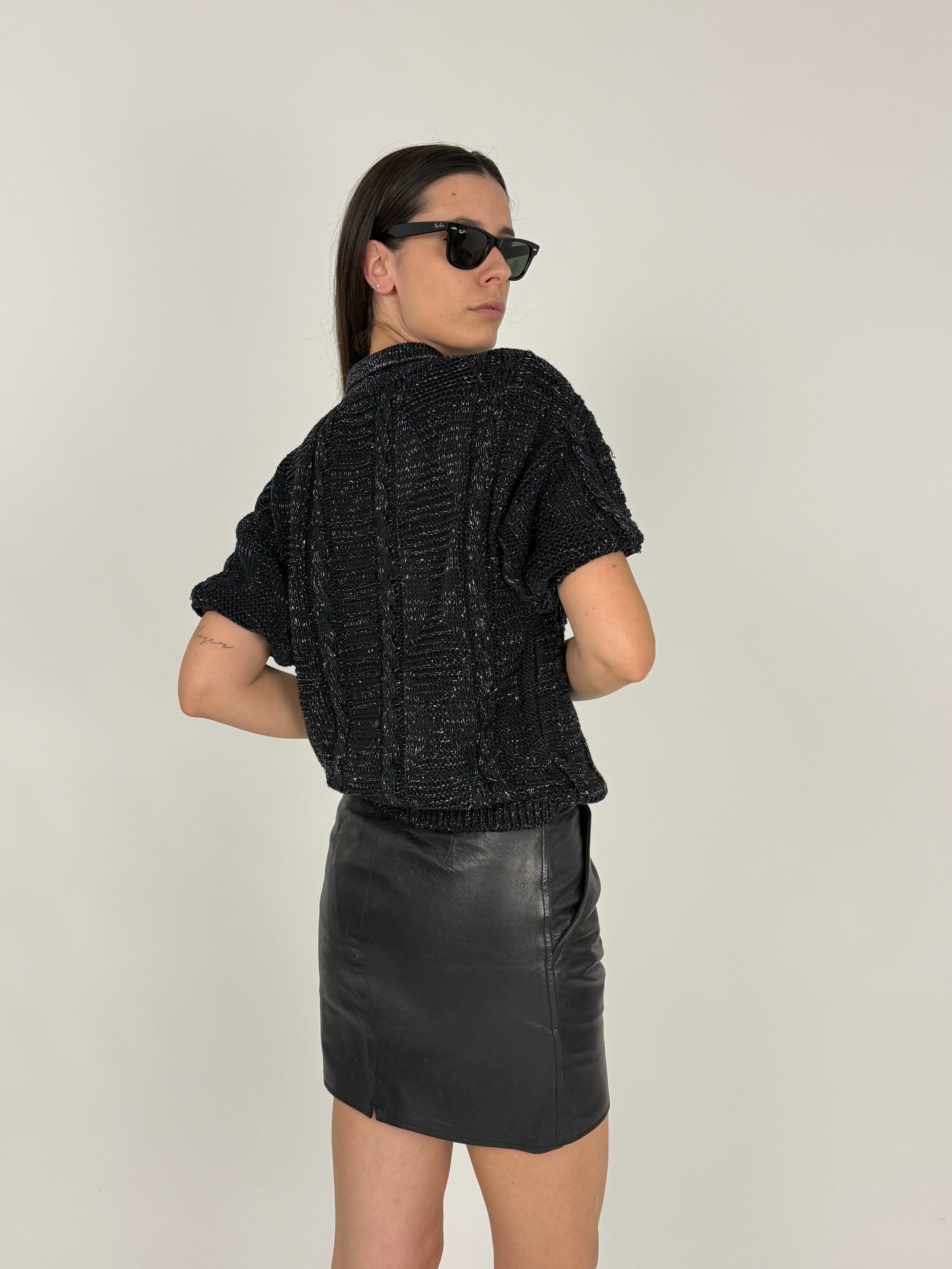 Polo Vintage POM Bouclé Nero Lurex Anni '70/'80 - Taglia M