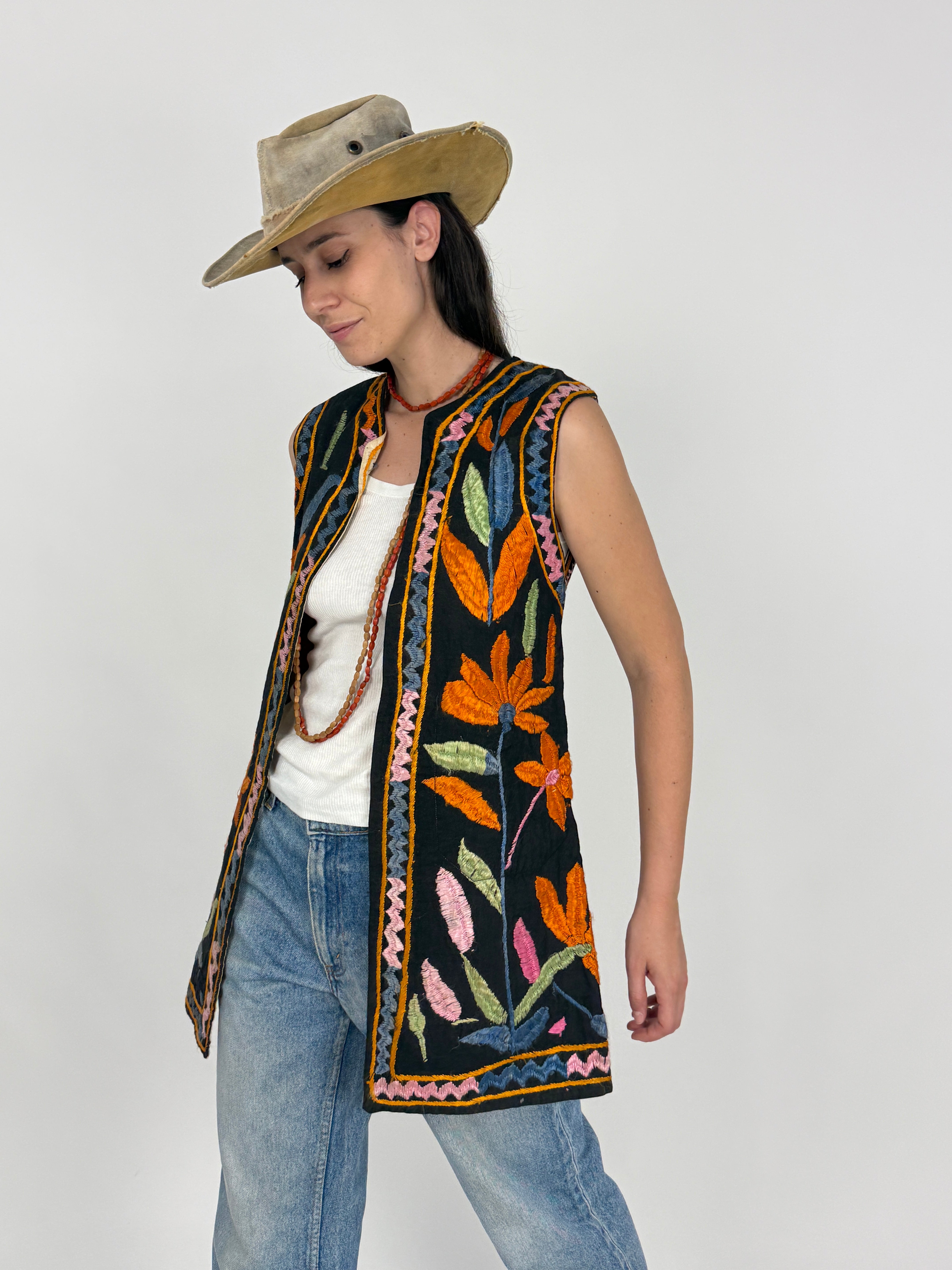 Gilet Artigianale Reversibile Ricamo a Mano Botanico Anni '60/'70 - Taglia M/L