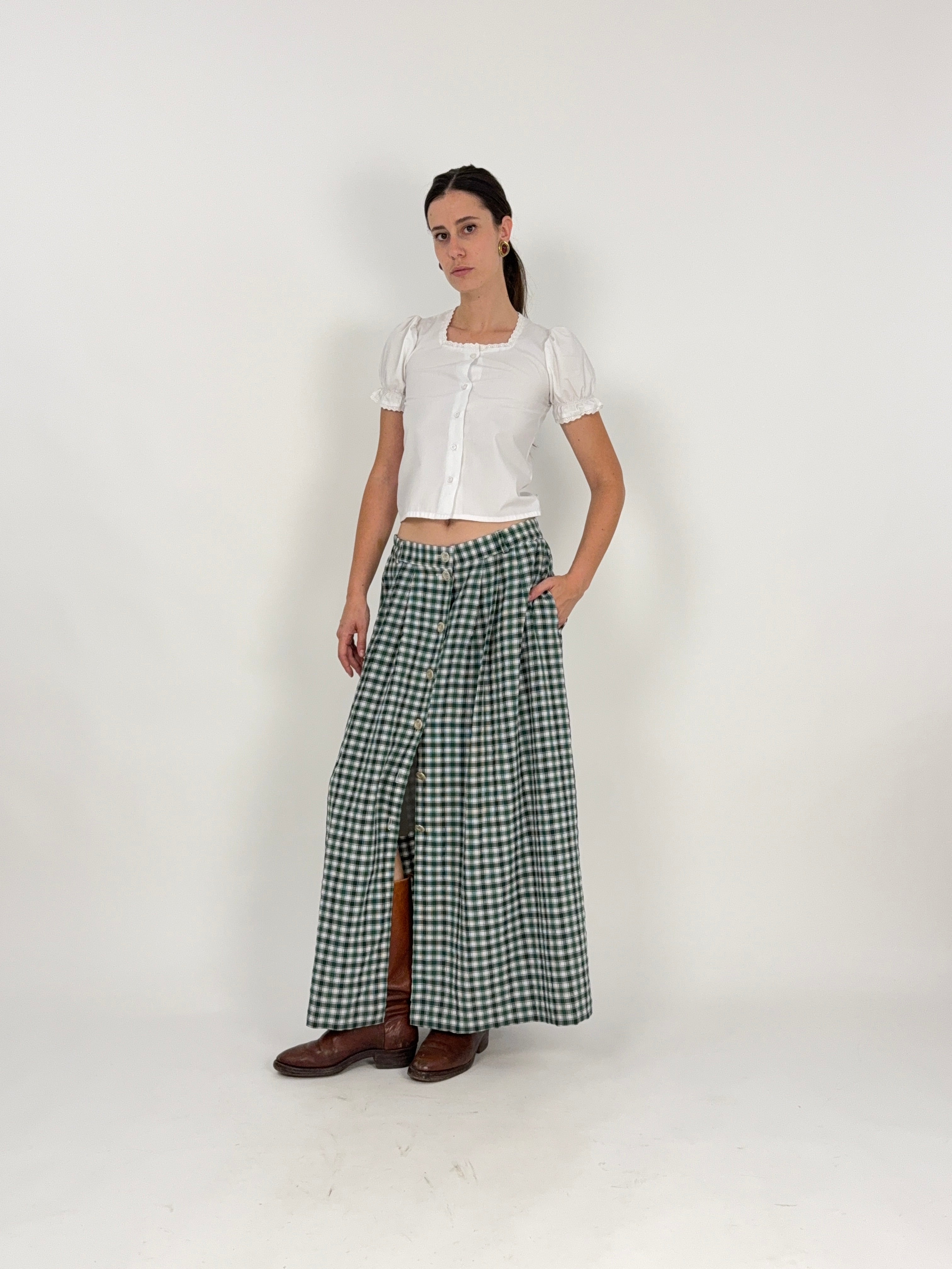Gonna Lunga Austriaca Tartan Jacquard Verde e Bianco Anni '80 - Taglia 44