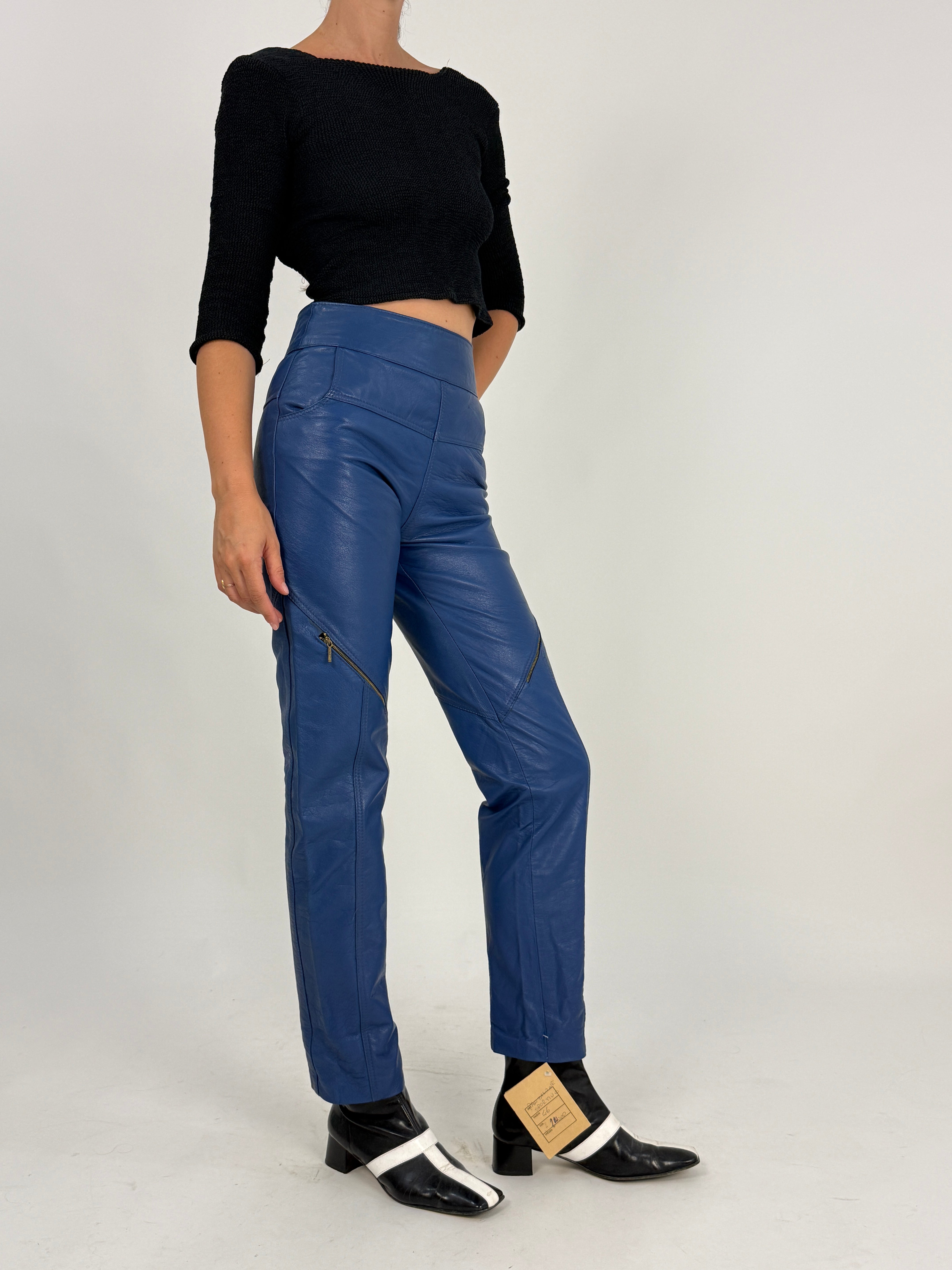 Pantaloni Vera Pelle Blu Deadstock Anni '80 - Taglia 42