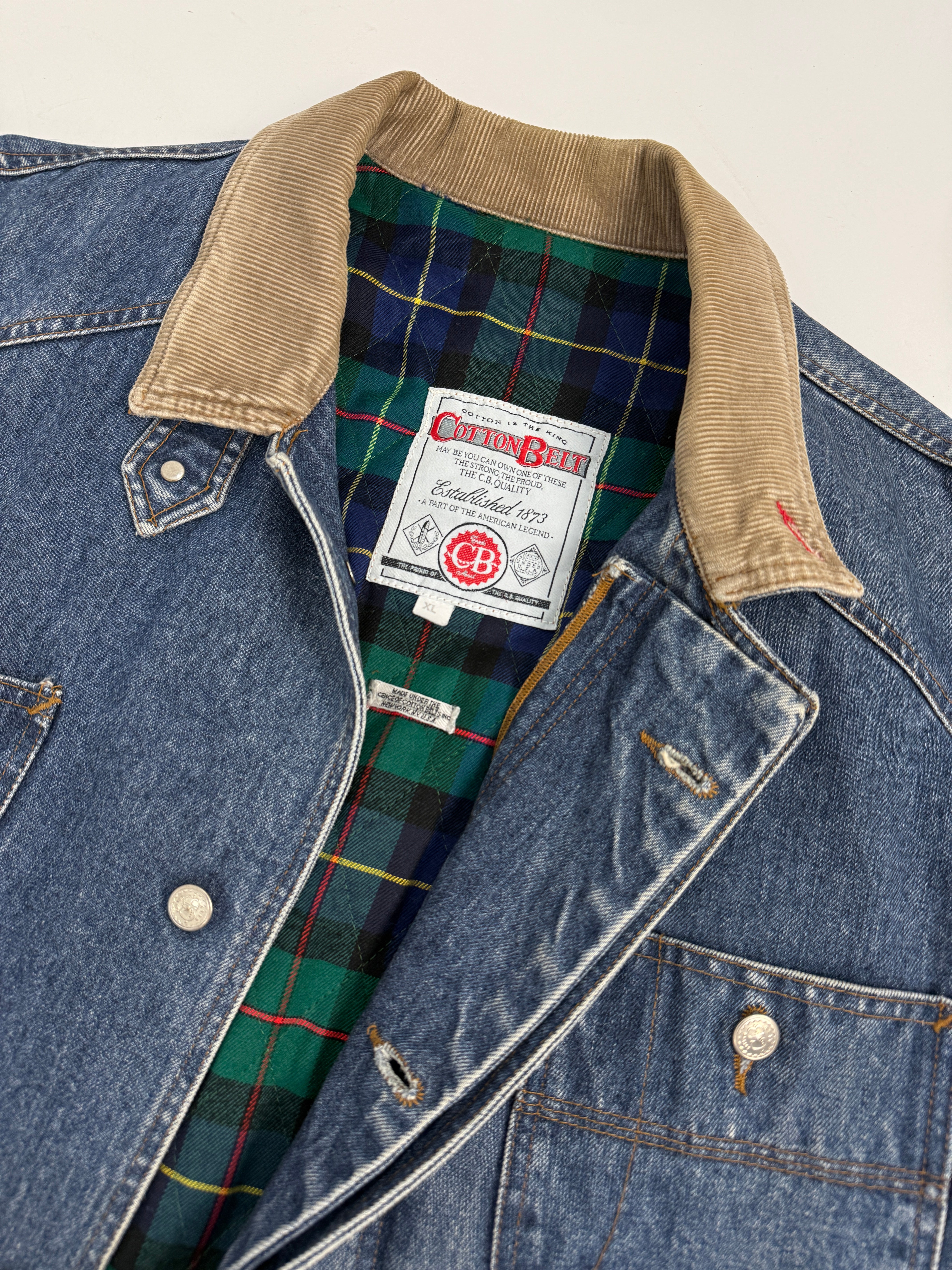 Giacca Denim Cotton Belt U.S.A. Anni '80/'90 - Barn Jacket con Fodera Tartan -Taglia XL