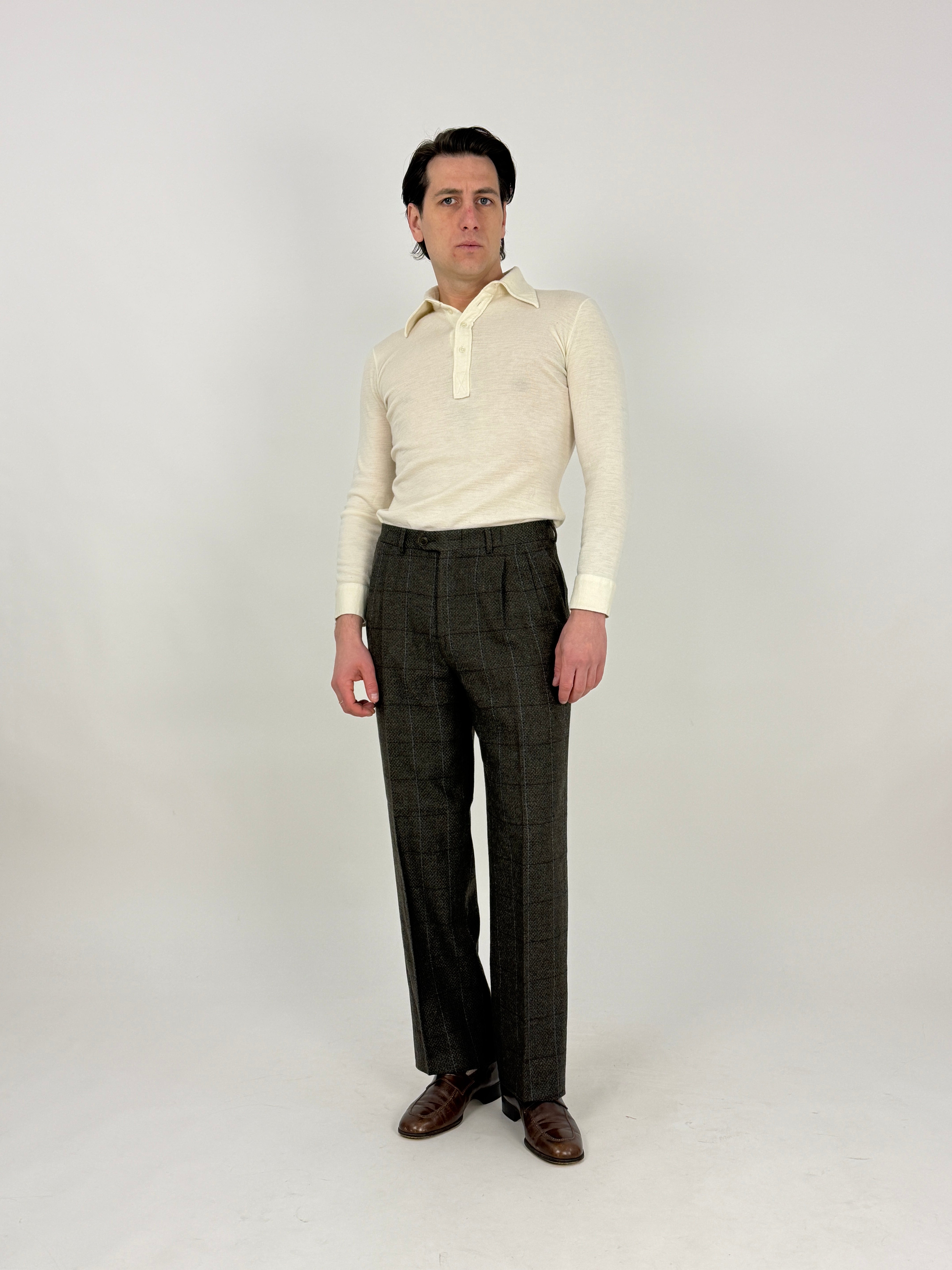 pantaloni da uomo vintage anni '70 sartoriali in lana marrone a quadri
