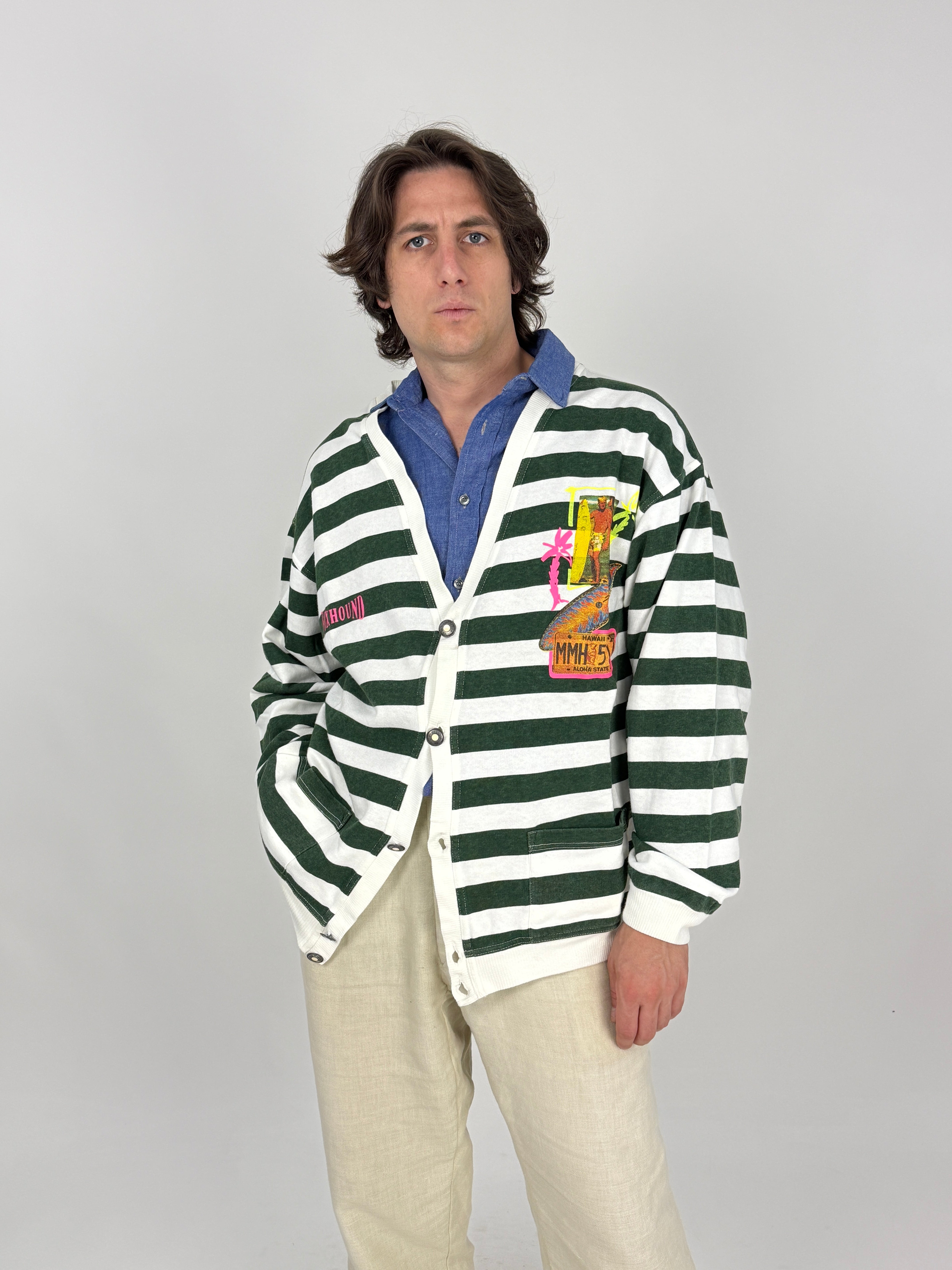 Cardigan Foxhound Cotone a Righe Anni '90 - Taglia XL
