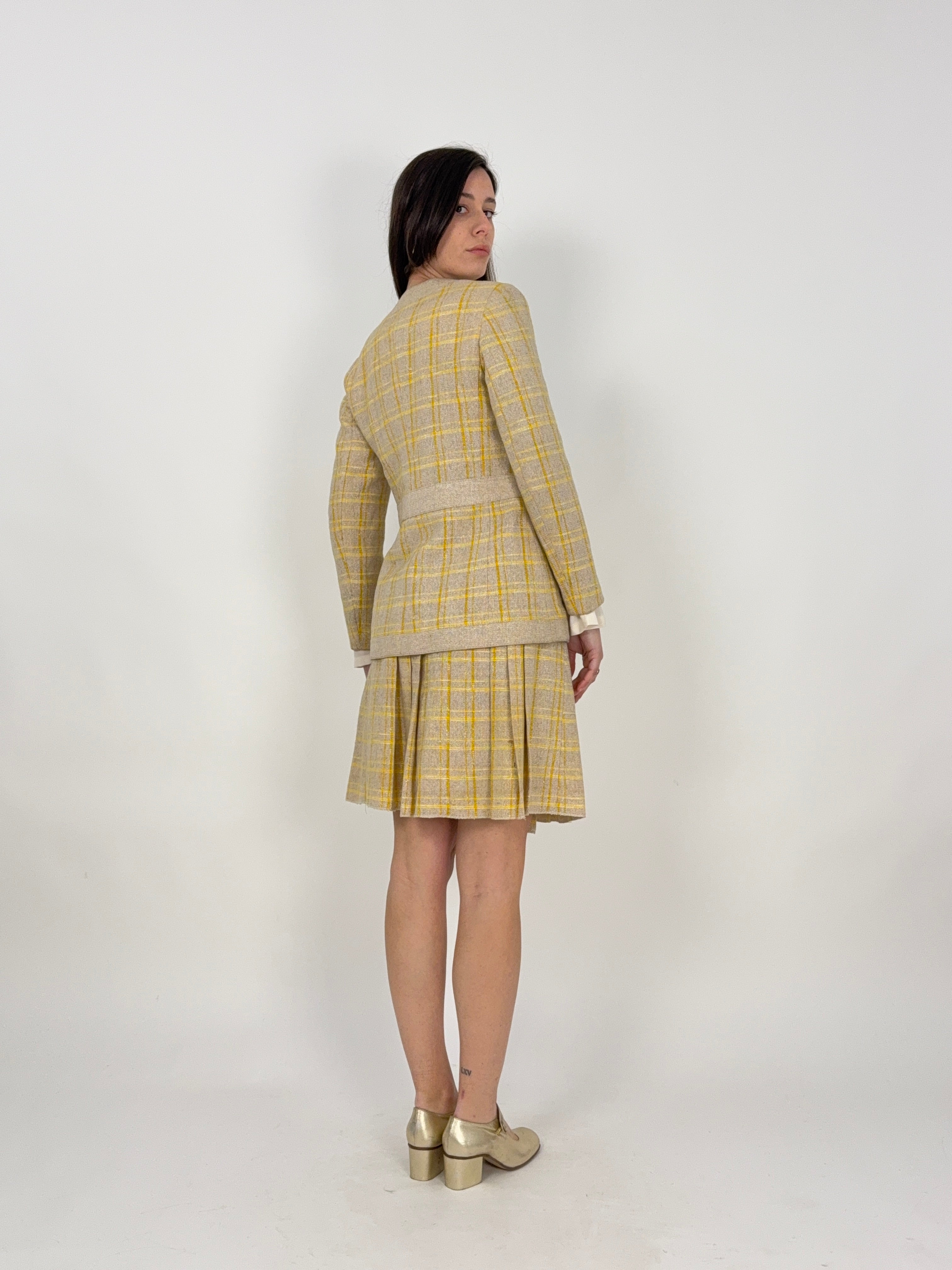 Completo sartoriale anni '70 in canapa - Giacca e gonna a pieghe