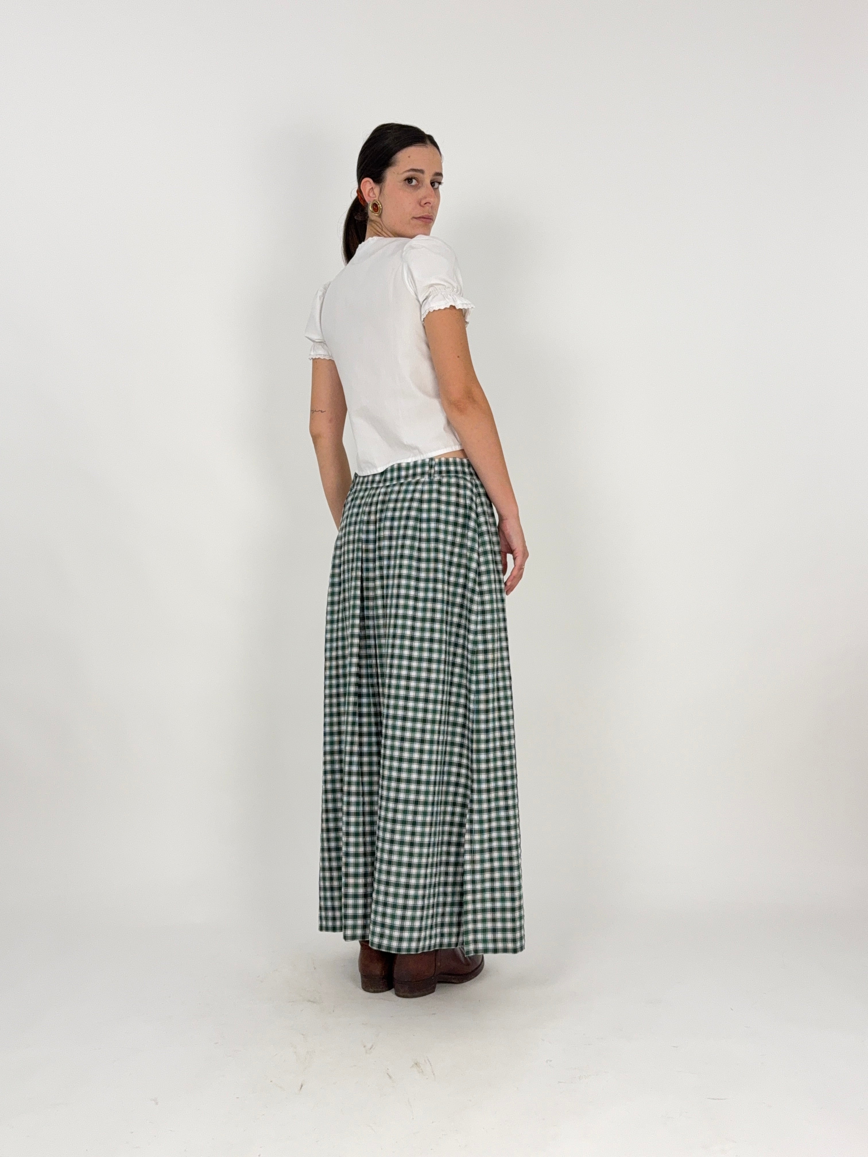 Gonna Lunga Austriaca Tartan Jacquard Verde e Bianco Anni '80 - Taglia 44