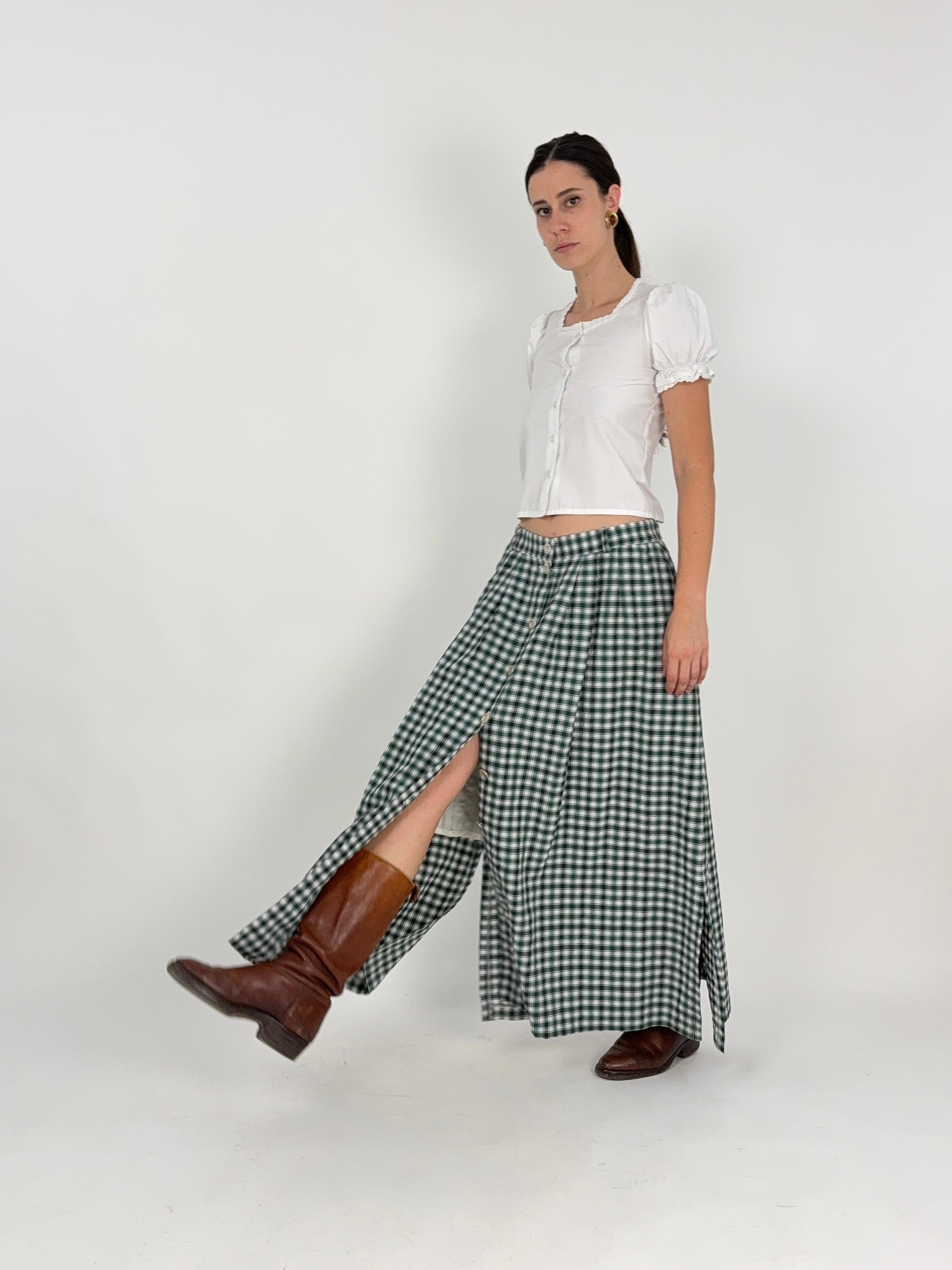Gonna Lunga Austriaca Tartan Jacquard Verde e Bianco Anni '80 - Taglia 44
