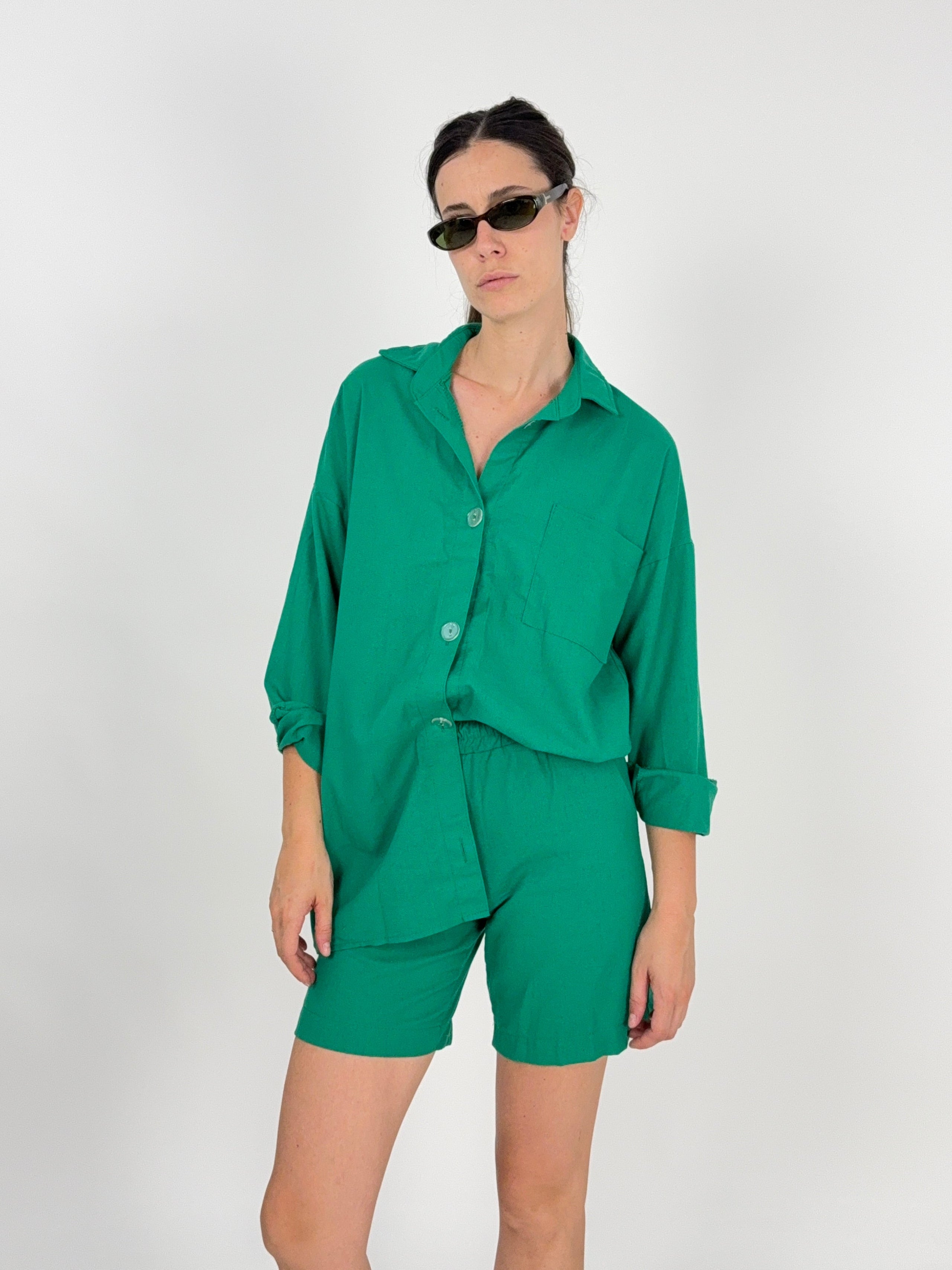 completo coordinato in cotone verde da dona camicie e bermuda vintage