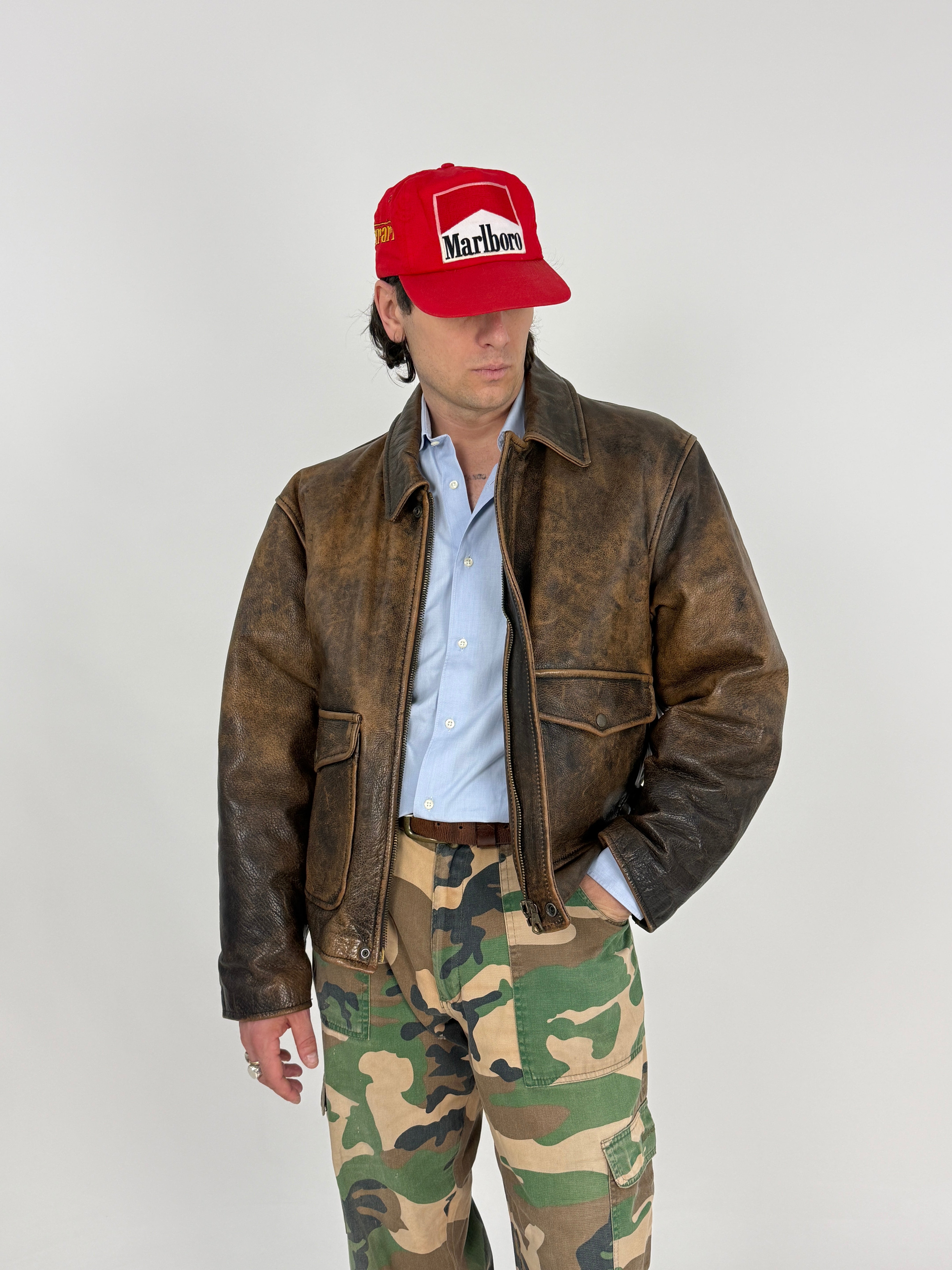 Leather jacket vintage distressed marrone anni 80 - vista posteriore