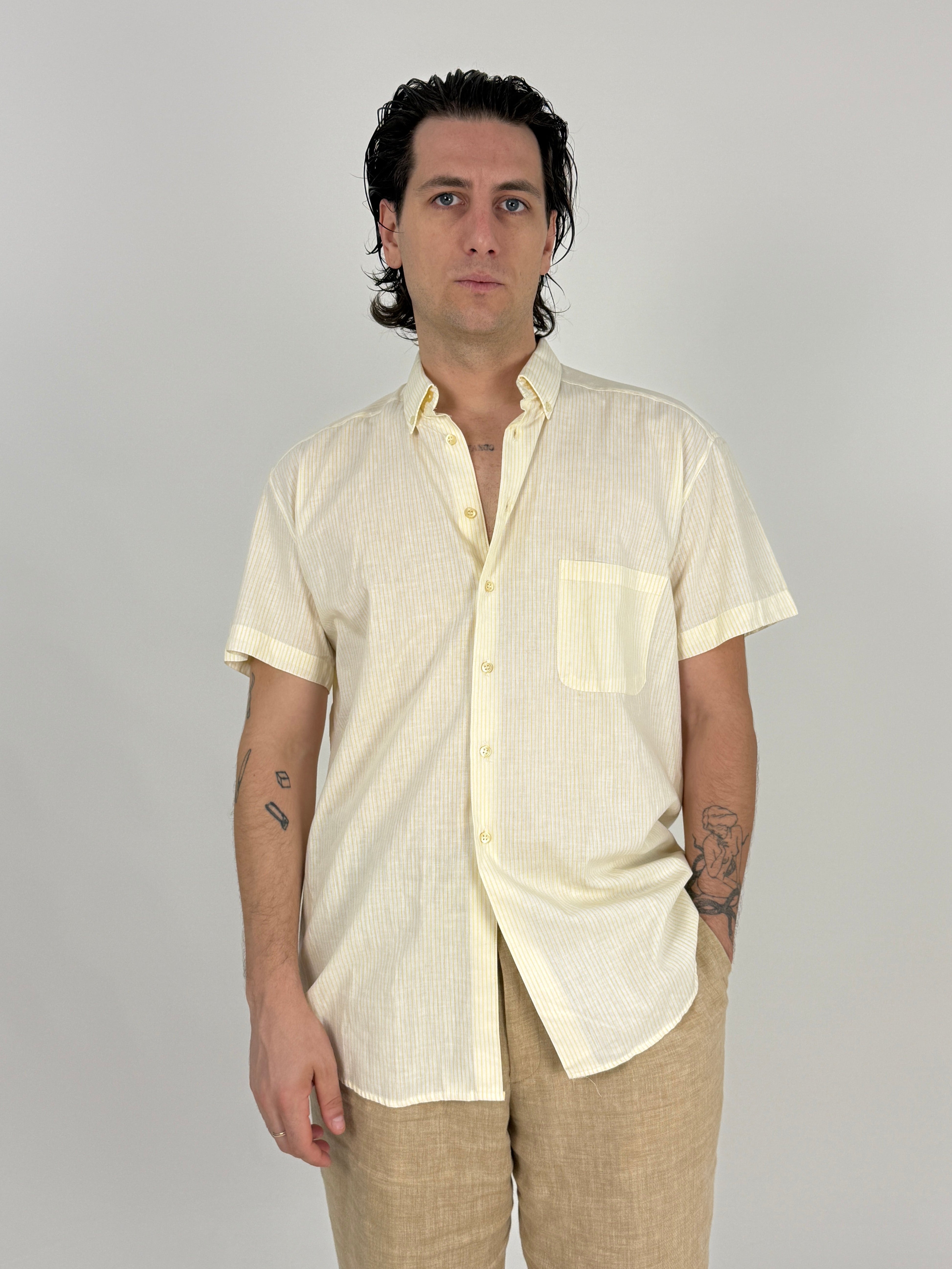 Camicia vintage Boxer mezza manica gessato giallo - vista frontale modello