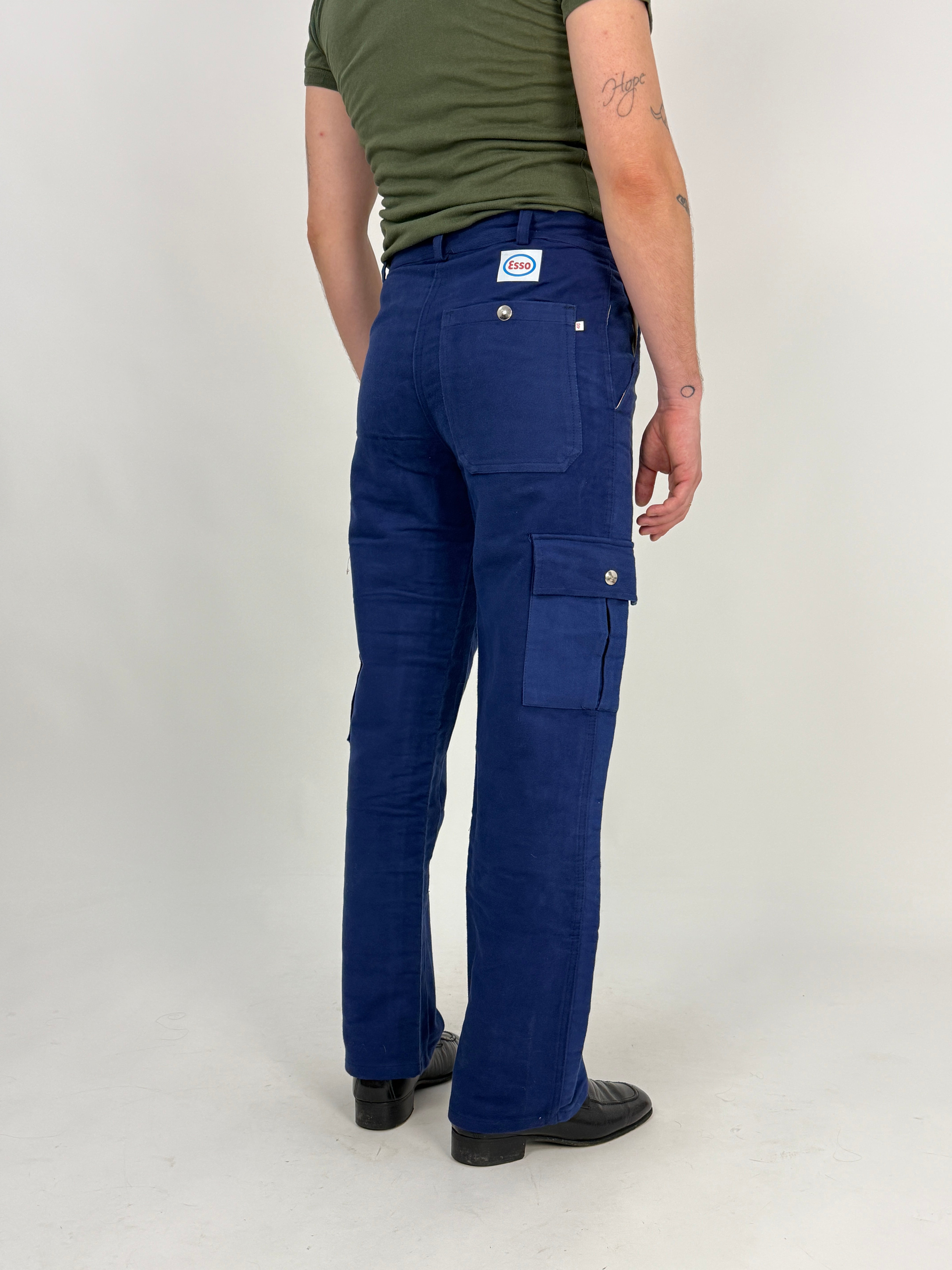 Pantalone da lavoro vintage Esso fustagno blu royal cargo - vista posteriore con patch Esso