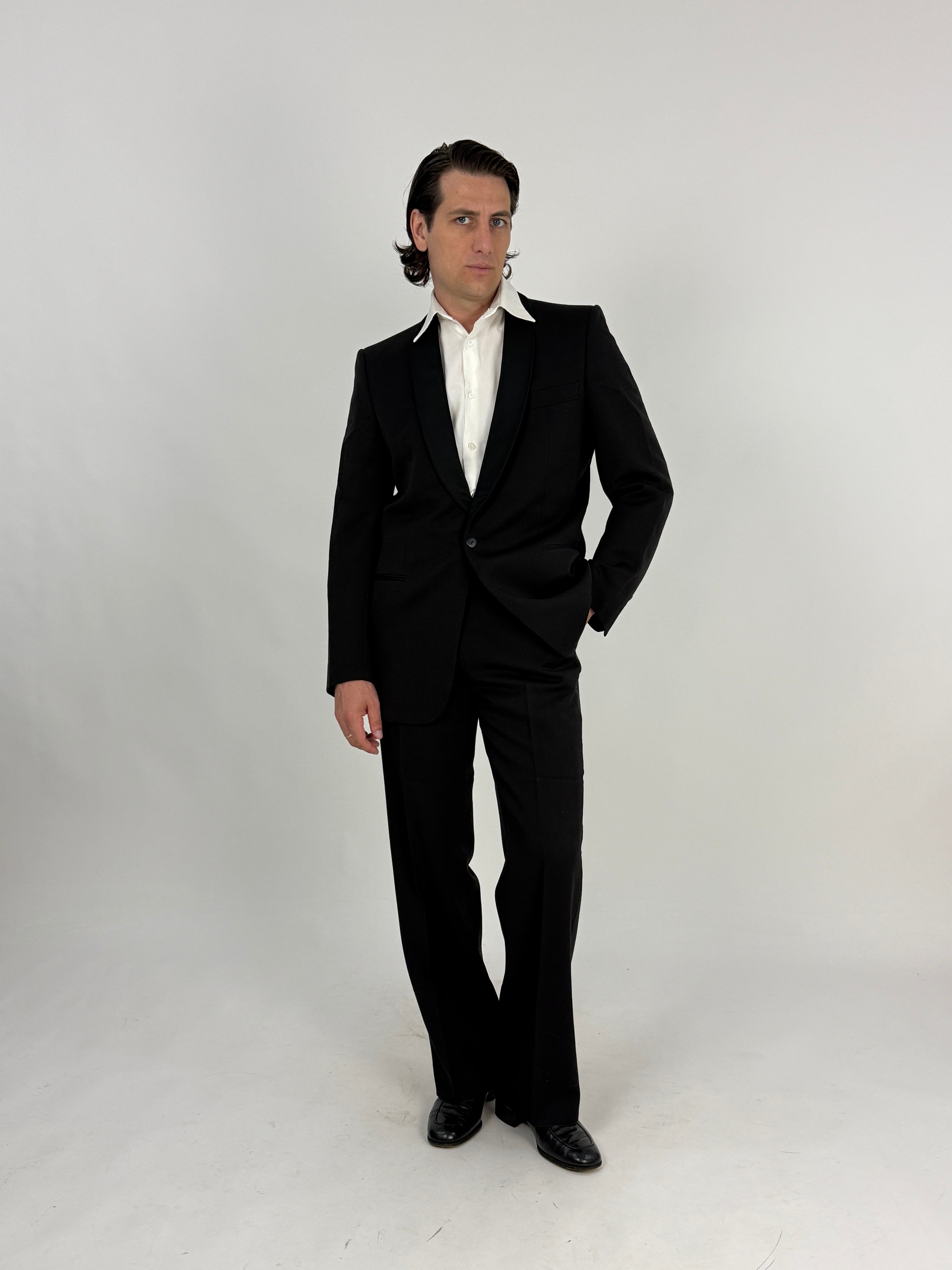 Smoking vintage sartoriale due pezzi Tailor Hoff pura lana vergine Woolmark - modello vista frontale completa