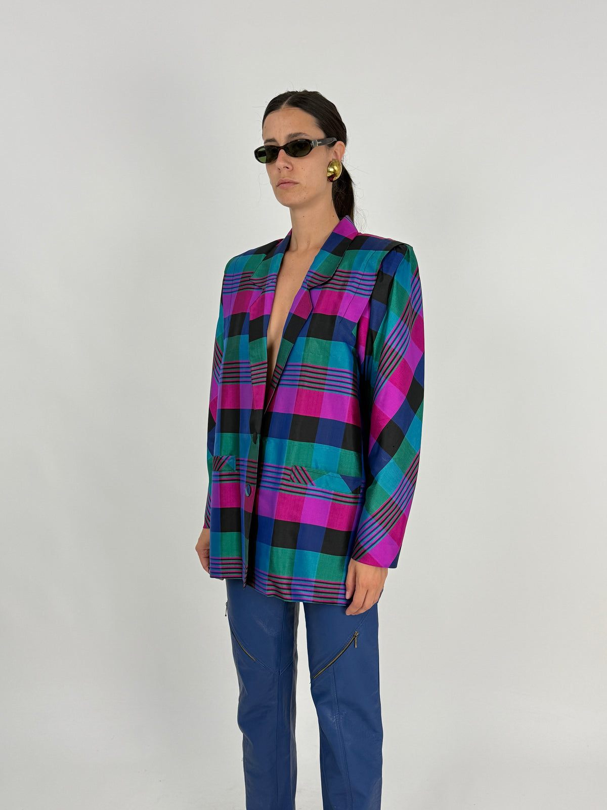 Blazer Oversize Anni '80 in Seta Thailandese Tartan - Taglia 44/46
