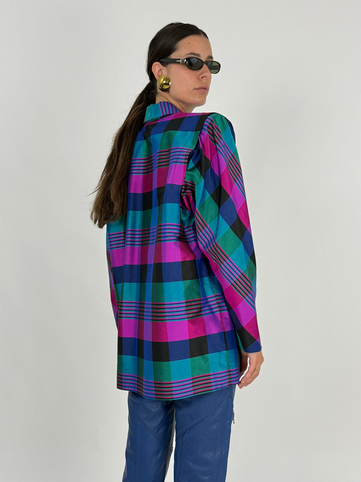 Blazer vintage Thai Silk tartan multicolor - vista posteriore indossato