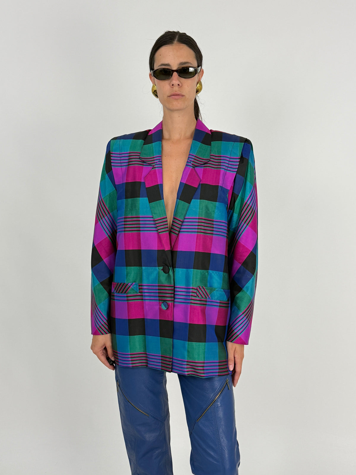 Blazer Oversize Anni '80 in Seta Thailandese Tartan - Taglia 44/46