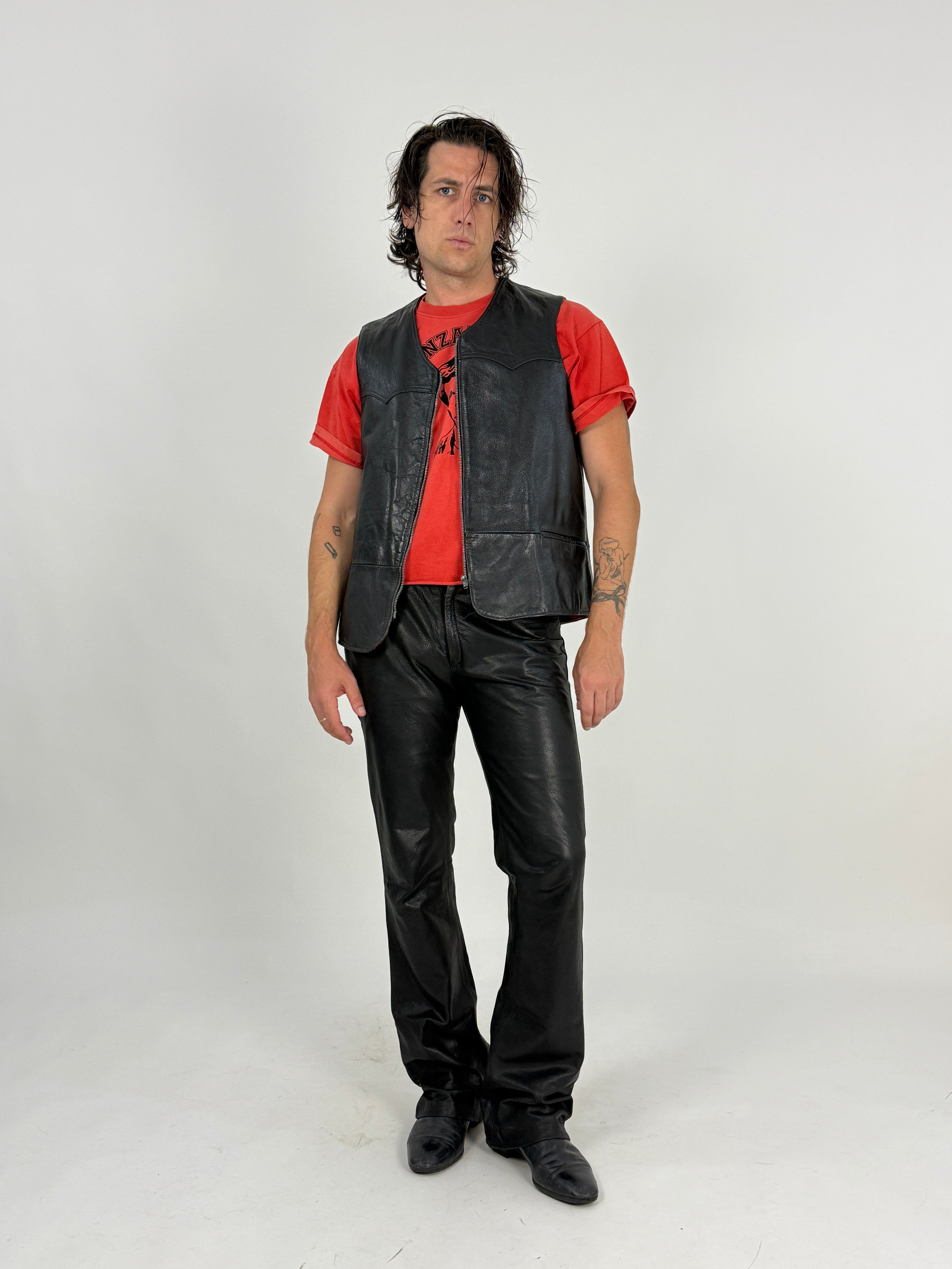 Gilet Pelle Anni '70 Fodera Lana Tartan Rossa - Taglia L