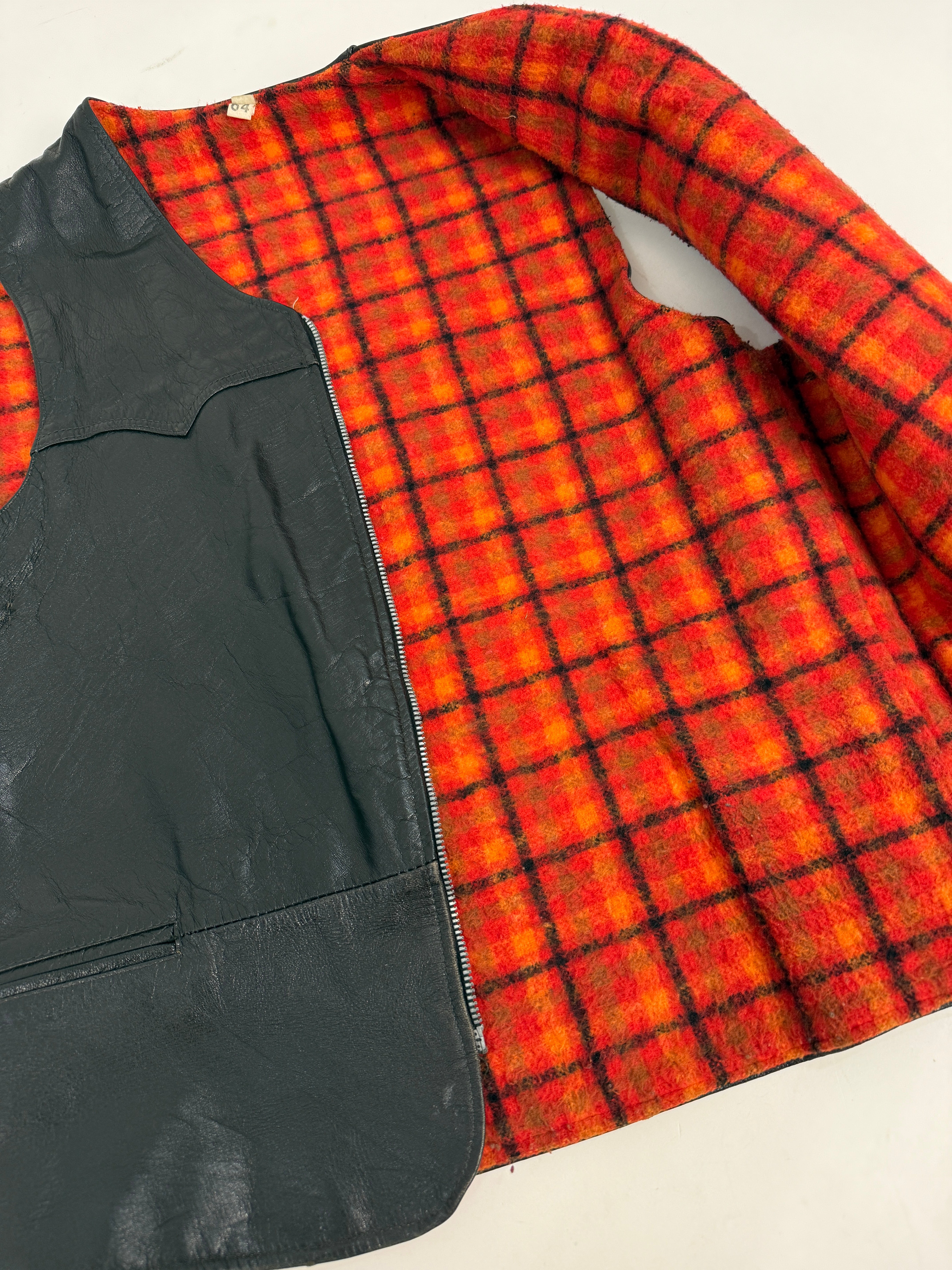 Gilet Pelle Anni '70 Fodera Lana Tartan Rossa - Taglia L