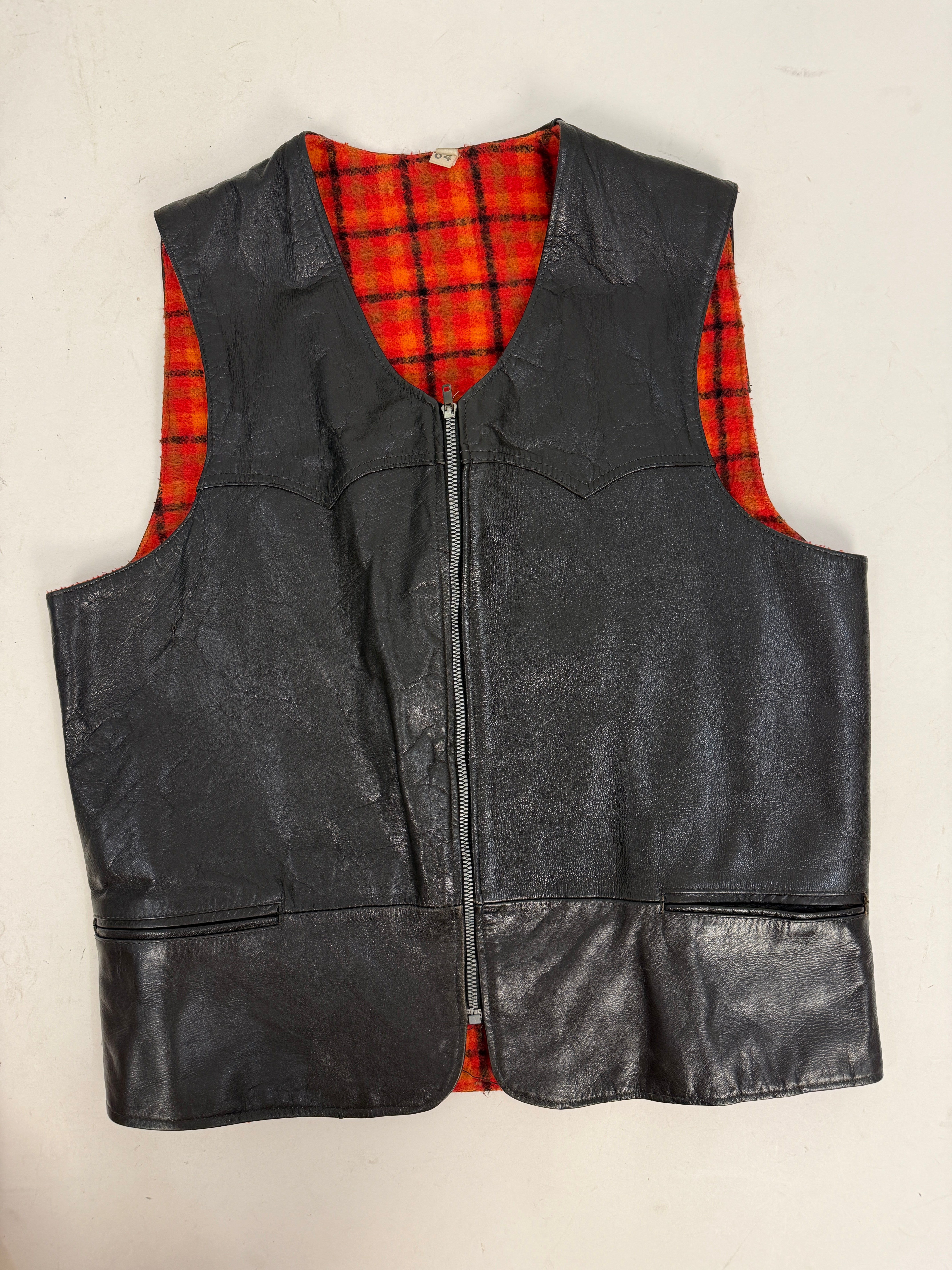 Gilet Pelle Anni '70 Fodera Lana Tartan Rossa - Taglia L