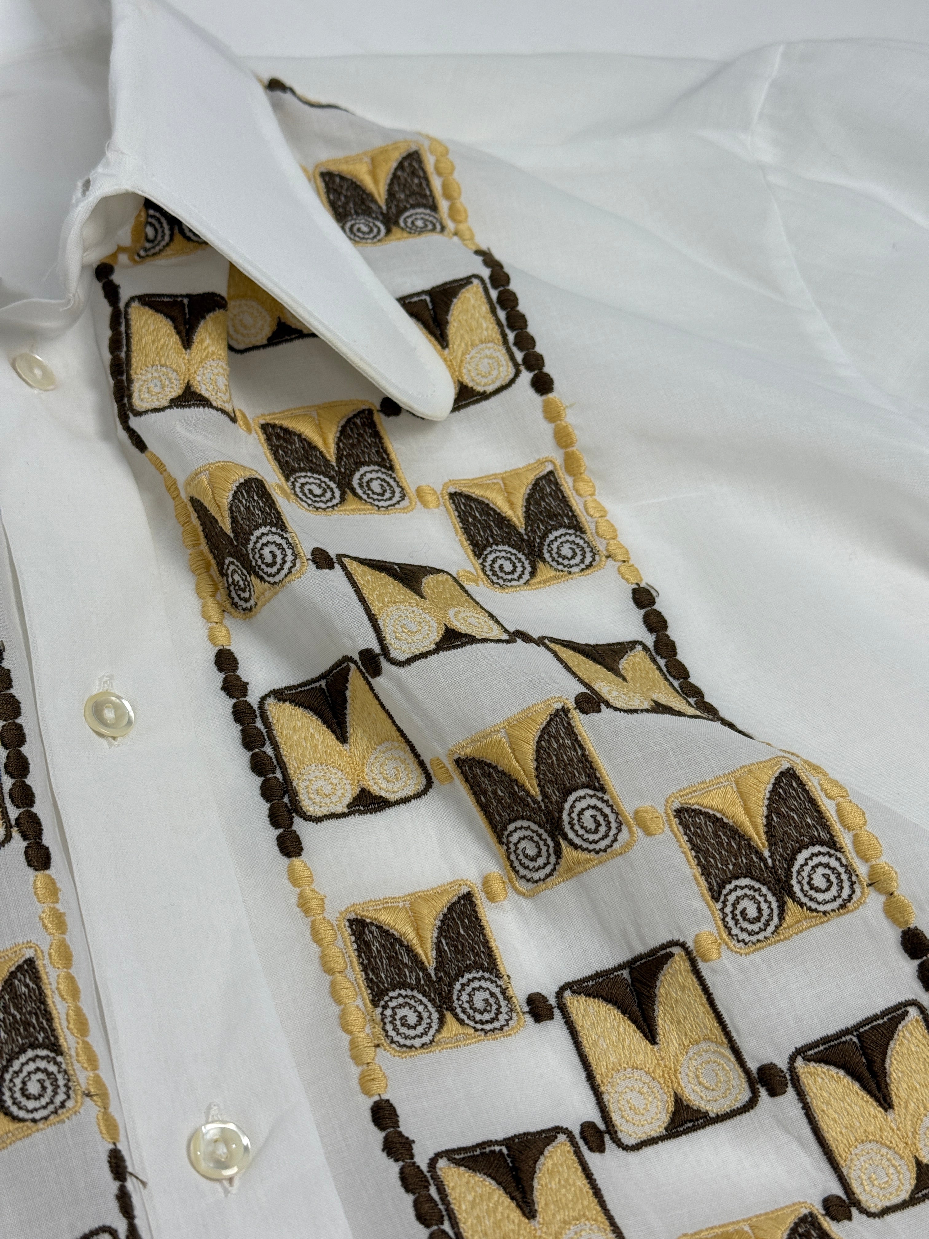 Camicia anni '70 Bianca in cotone - Ricami Geometrici