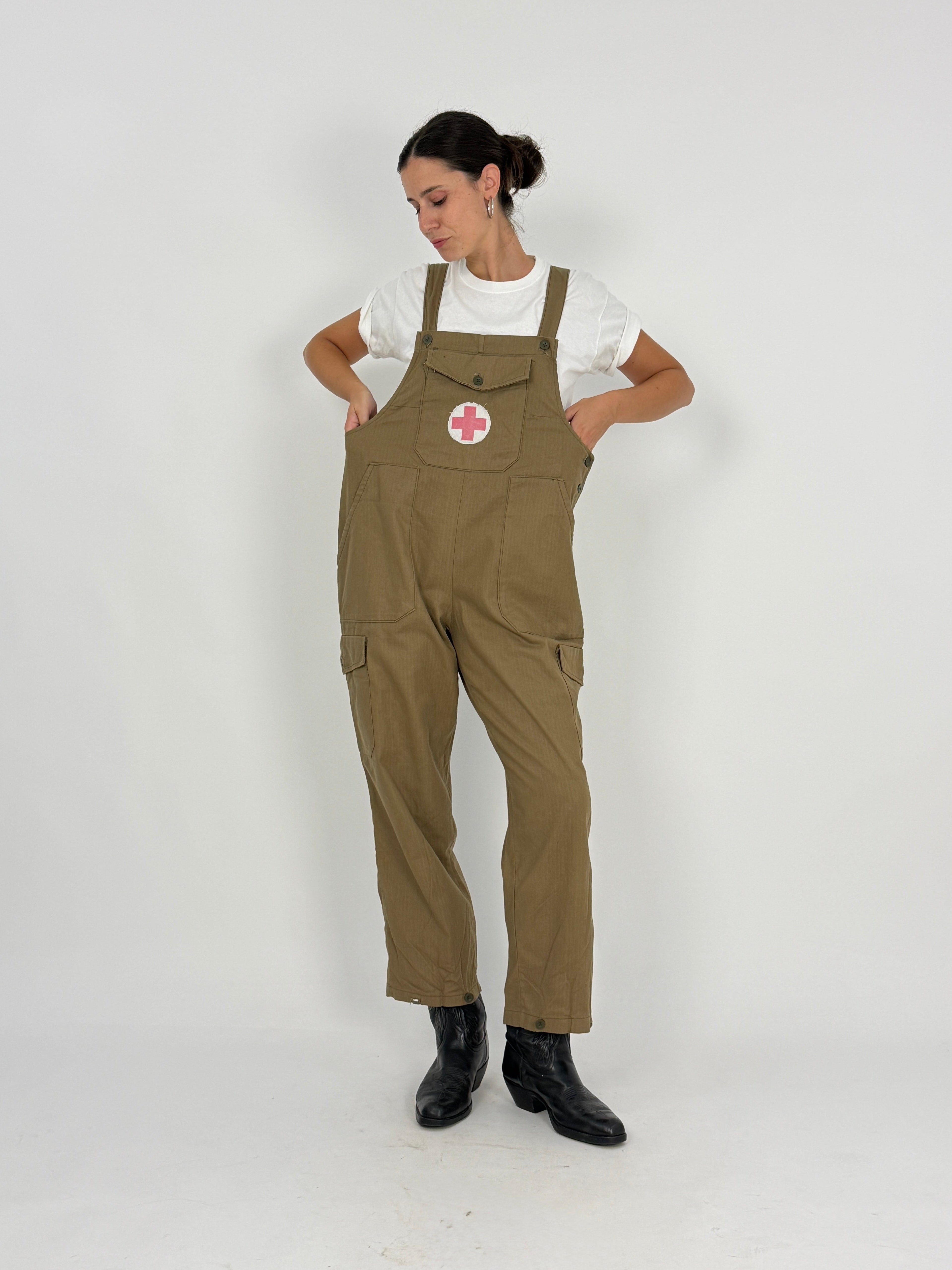 Salopette Militare Anni '70 Verde Kaki con Patch Croce Rossa - Taglia L