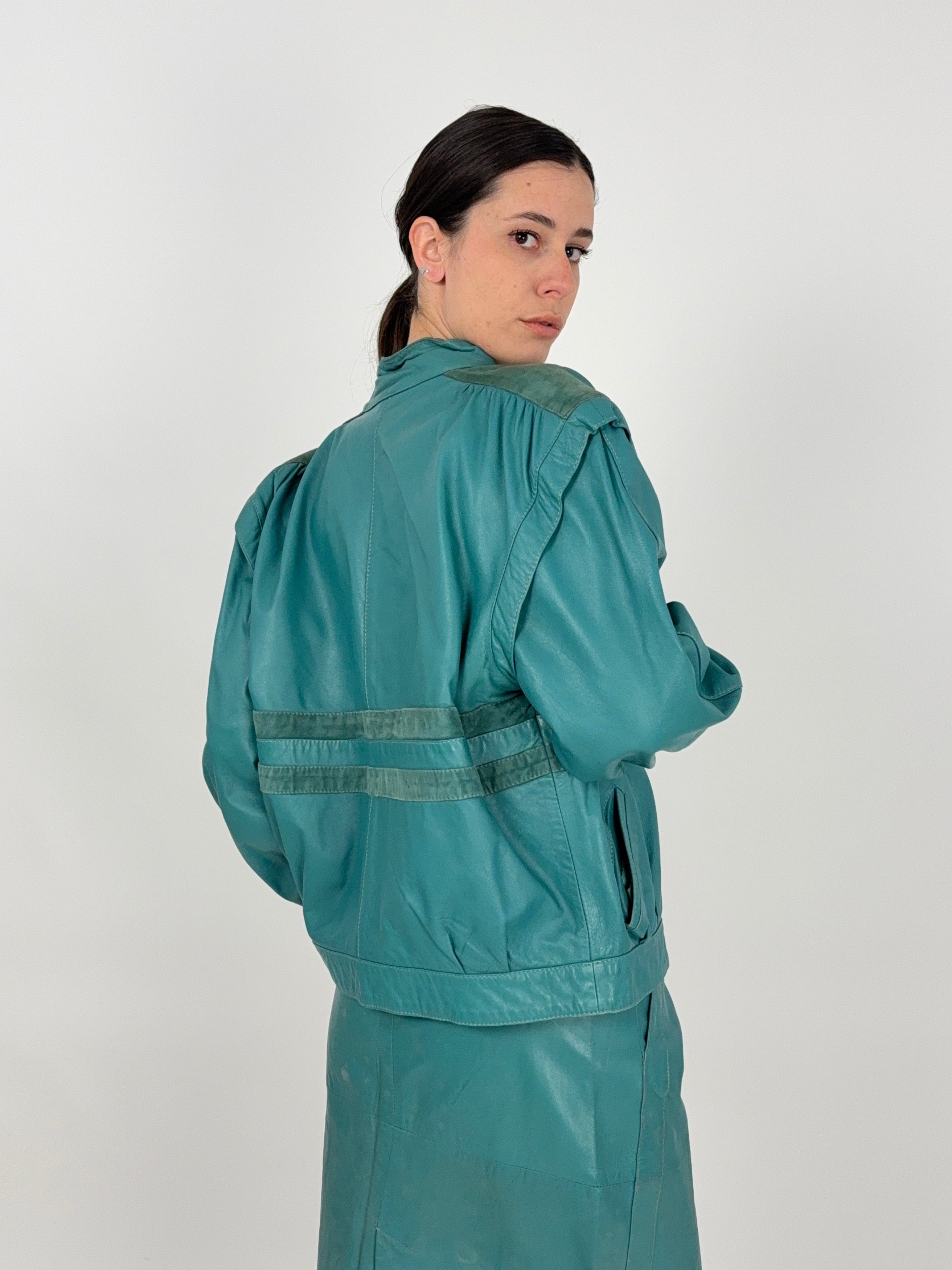 Bomber anni '80 in vera pelle - Verde Acqua