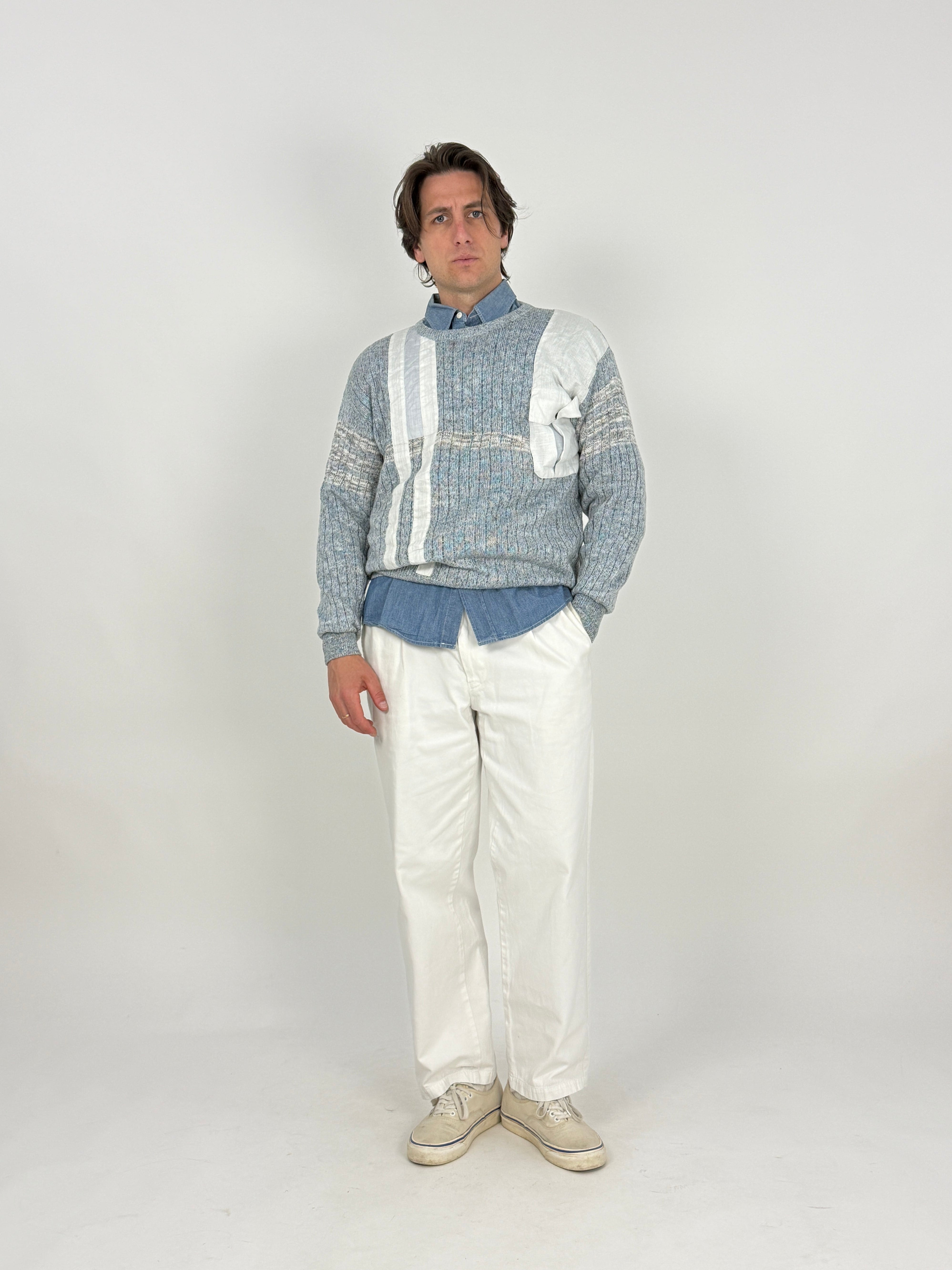 maglione rodrgio anni '70 da uomo in misto luno celeste e bianco