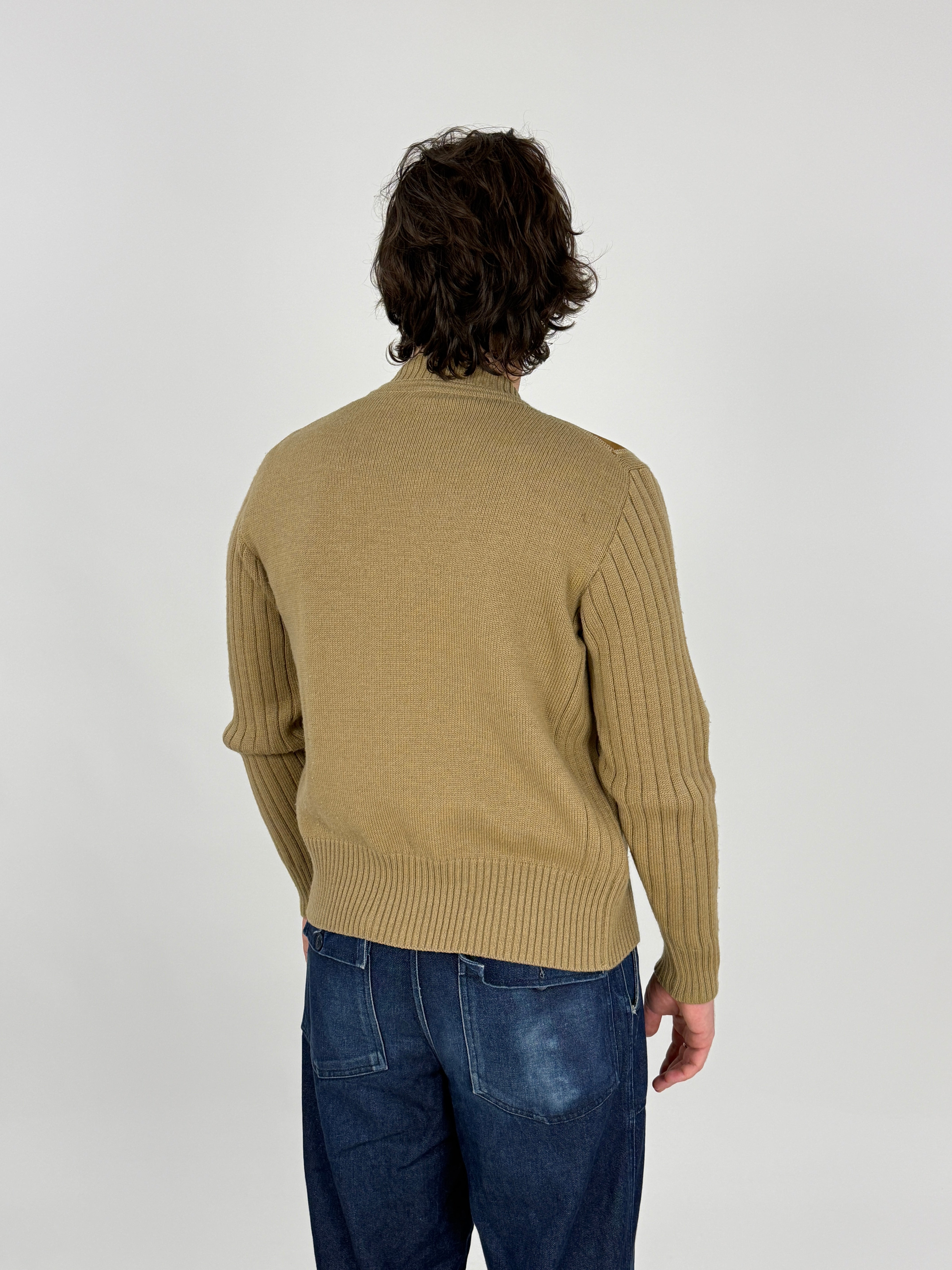 Cardigan Ranger Vintage Anni '70 Lana e Camoscio Color Cammello - vista posteriore con dettaglio maglia a costine larghe