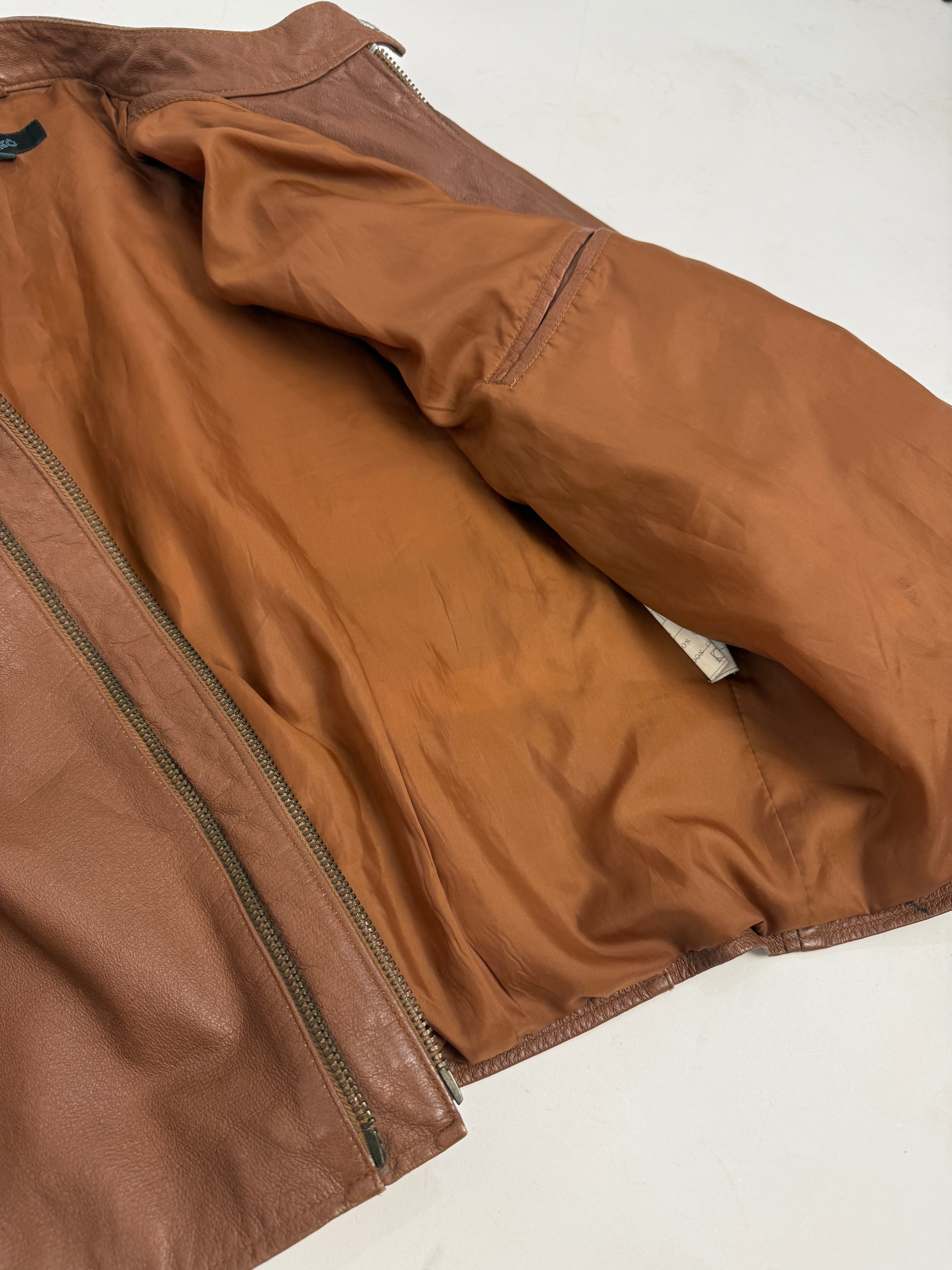 Giubbotto Pelle Vintage Giakò Cafe Racer Cognac - dettaglio etichetta Giakò taglia 52 e fodera interna