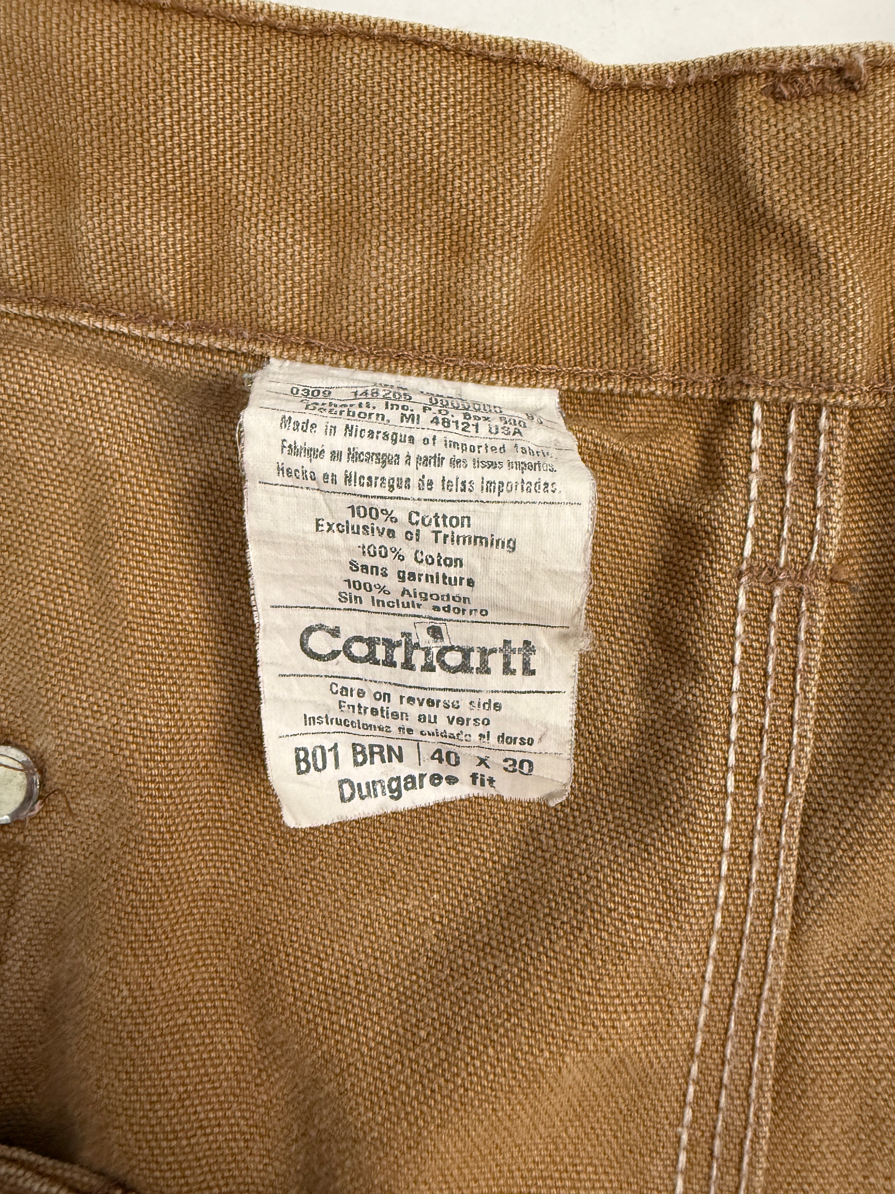 Carhartt B01 Double Knee Work Pant Vintage Brown - dettaglio etichetta interna B01 BRN 40x30 Dungaree fit 100% Cotton Made in Nicaragua 2009