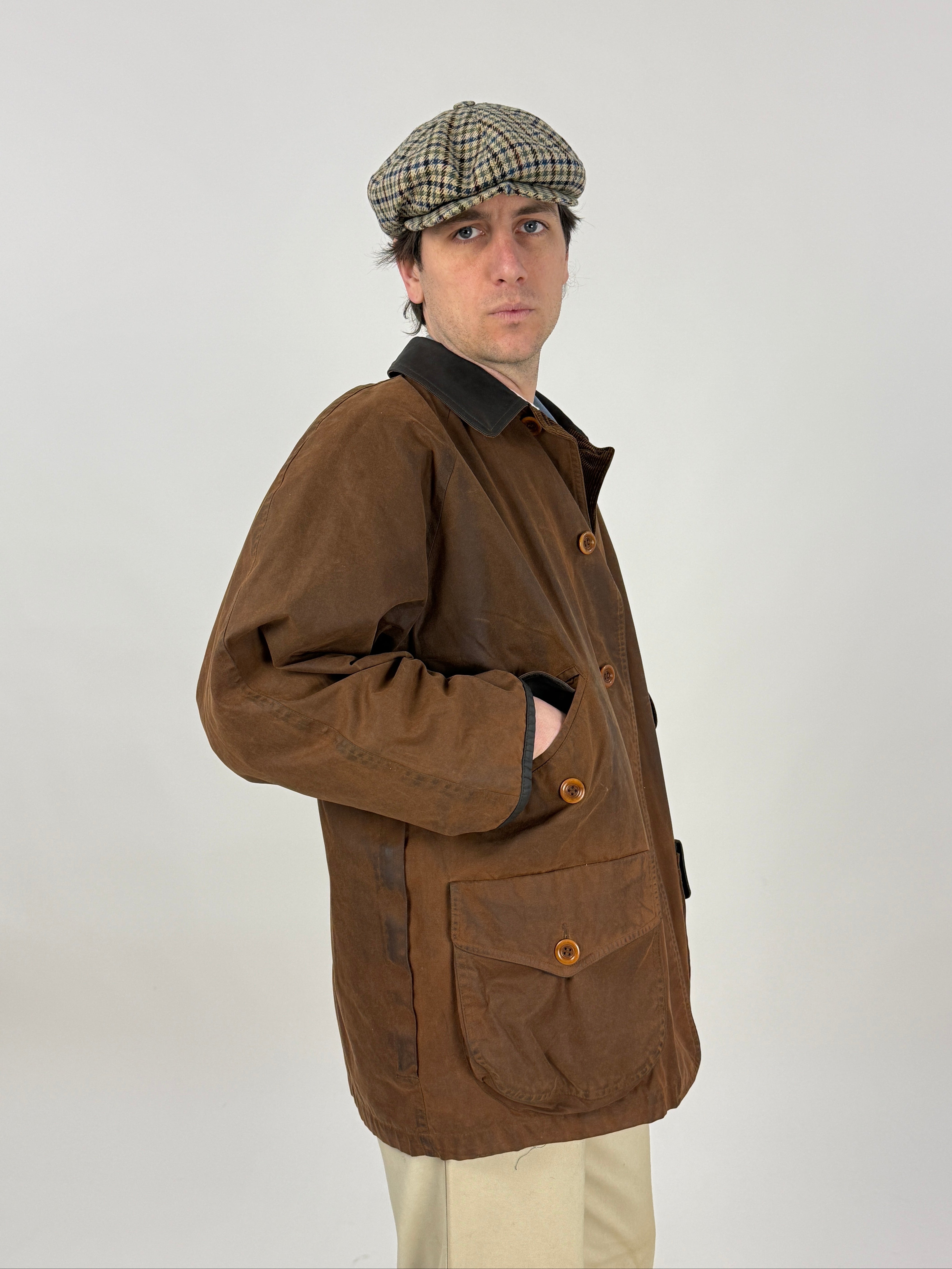 giacca-cerata-marrone-vintage-con-fodera-a-quadri-da-uomo