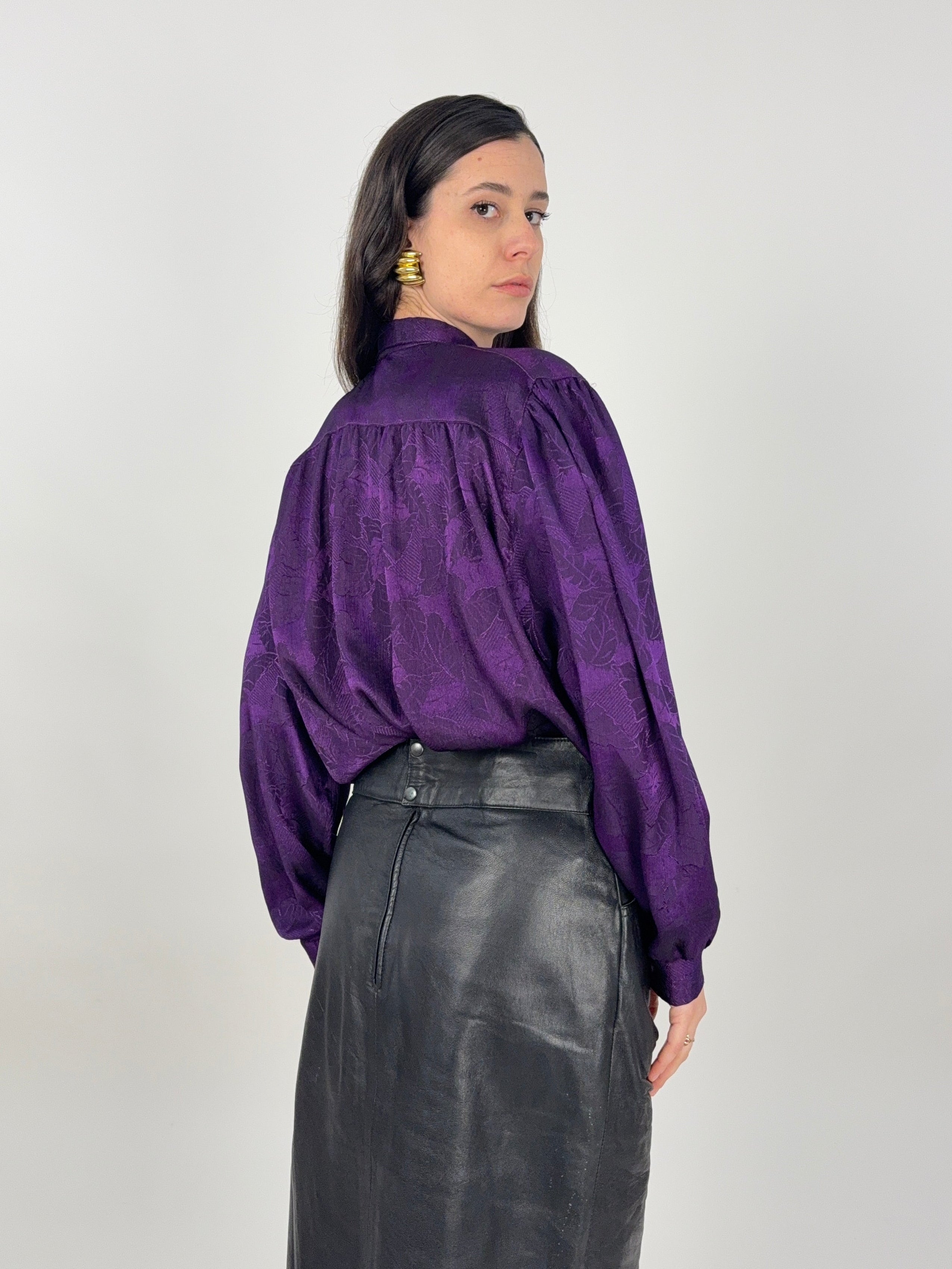 Camicia anni '80 Viola Jacquard con maniche balloon