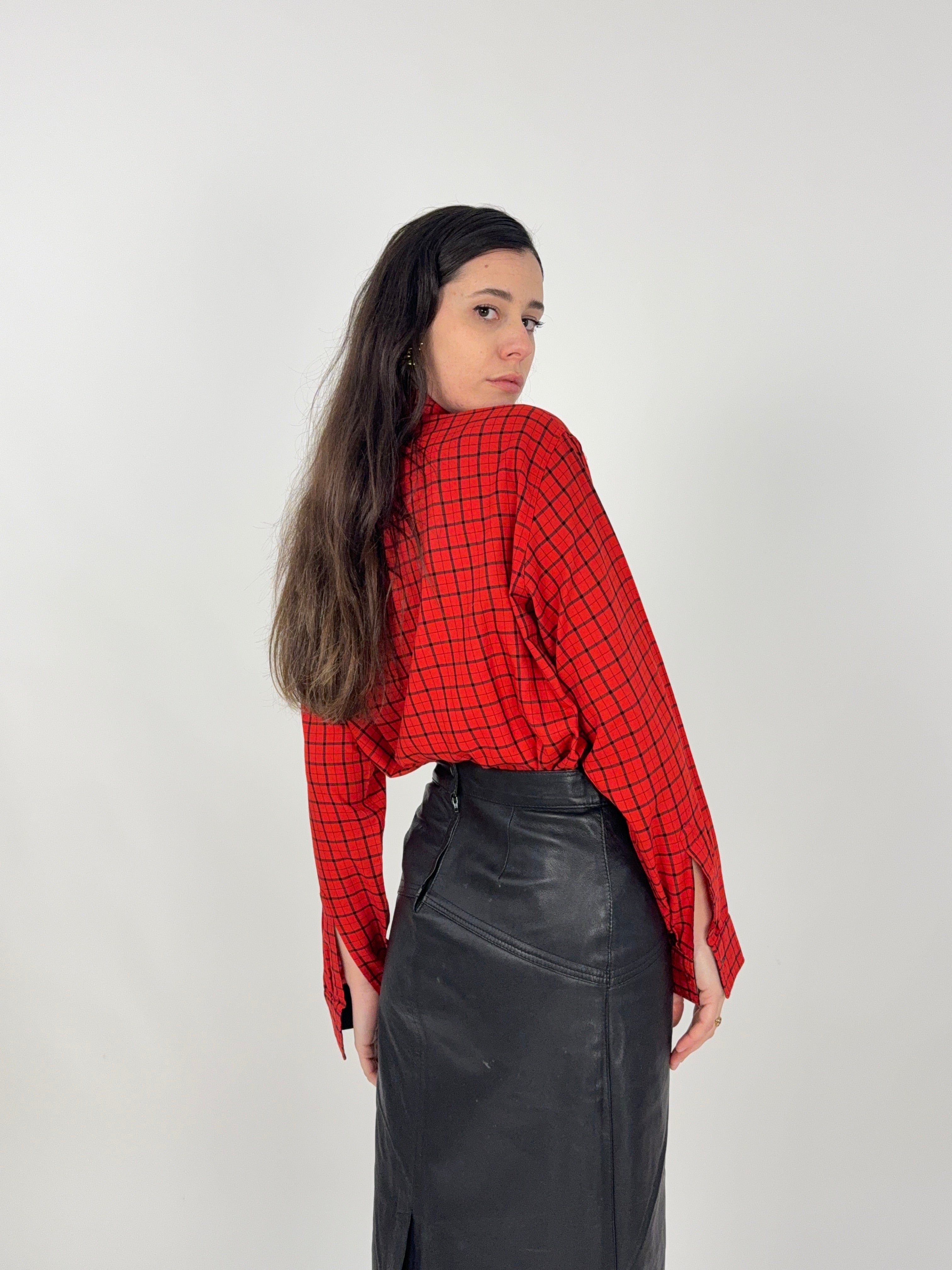 Camicia anni '70 in cotone a quadri rosso e nero