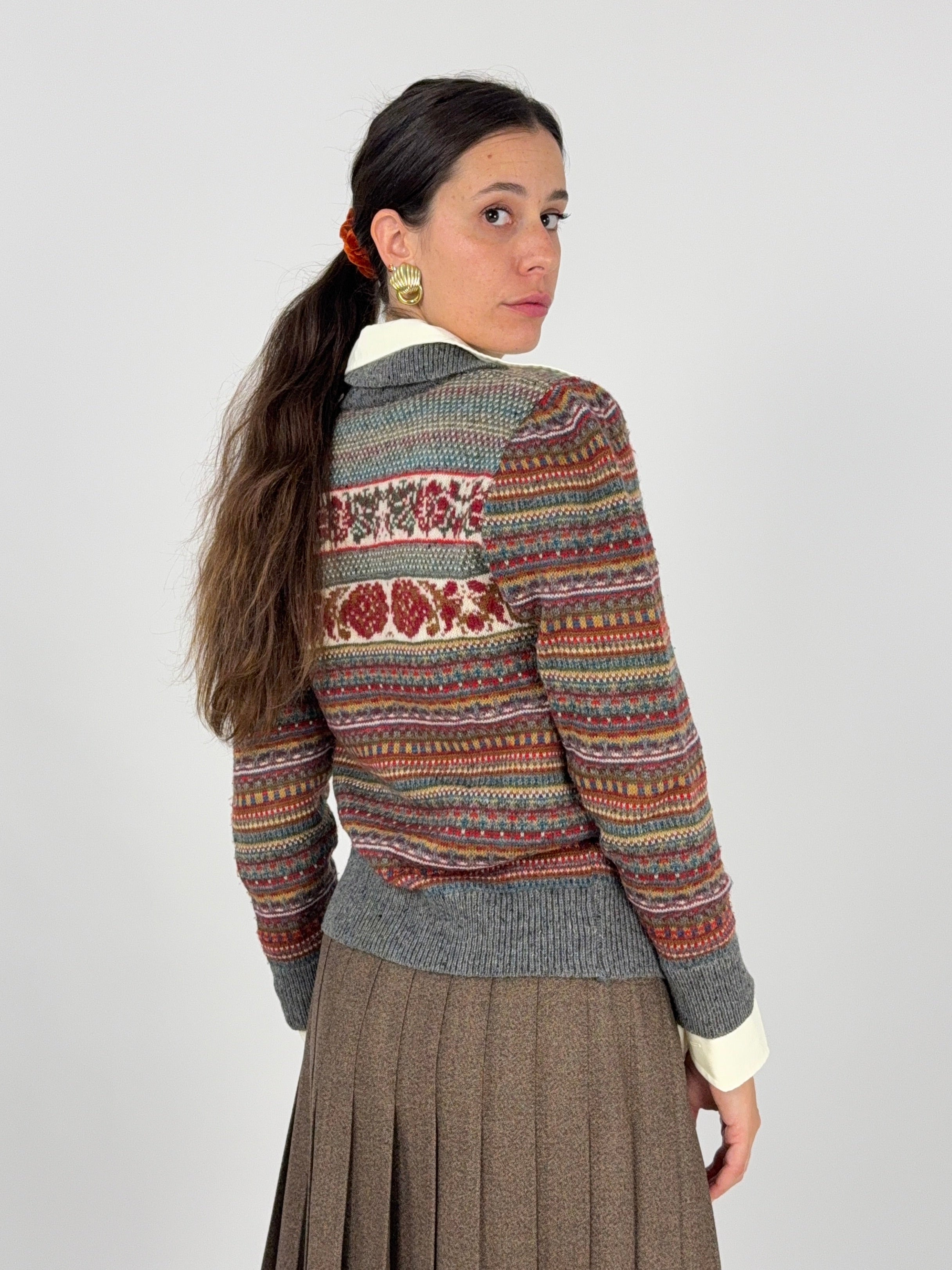 Cardigan Fair Isle multicolor anni 70 - retro indossato