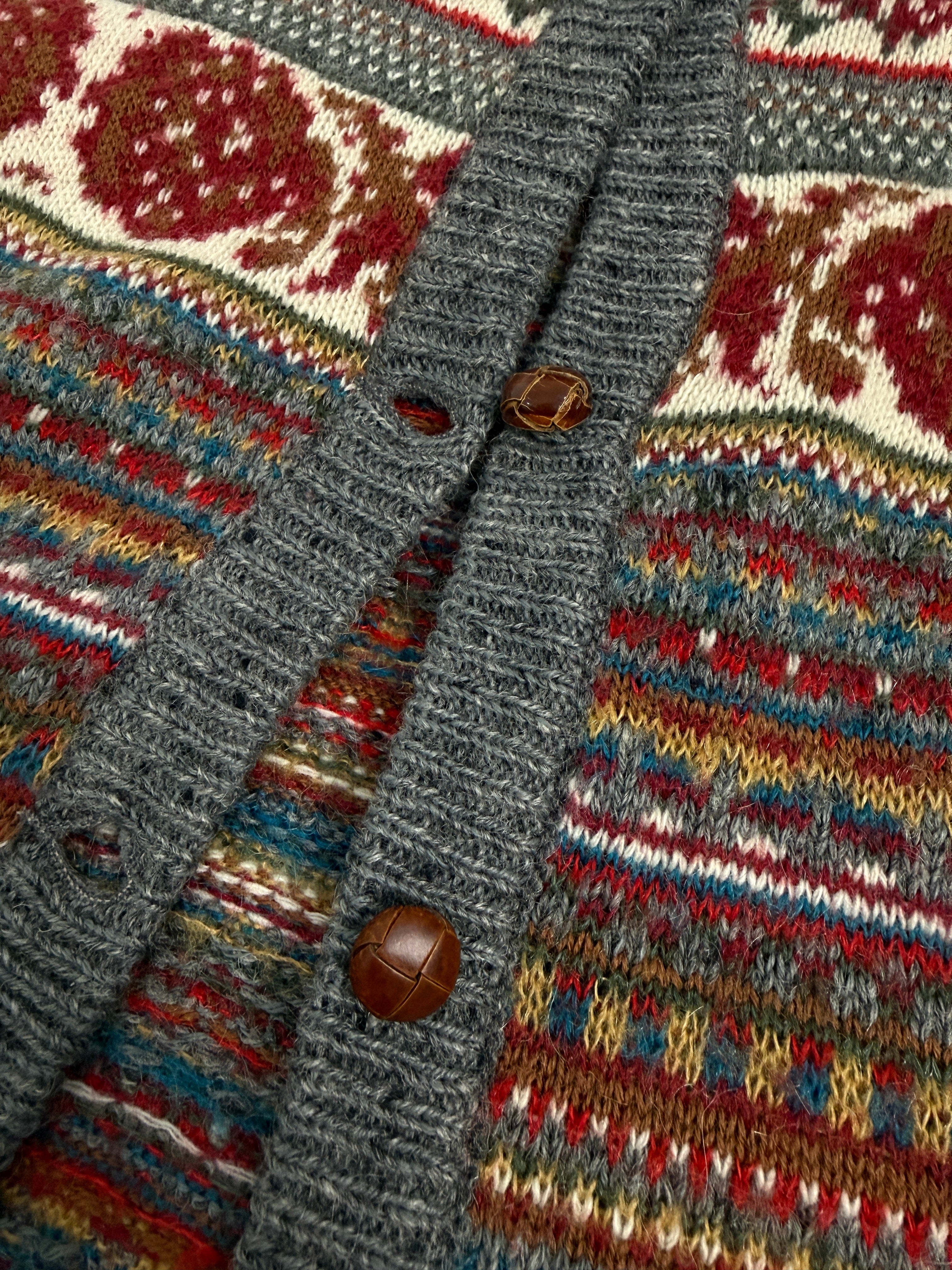 Dettaglio bottoni in cuoio tondo cardigan vintage