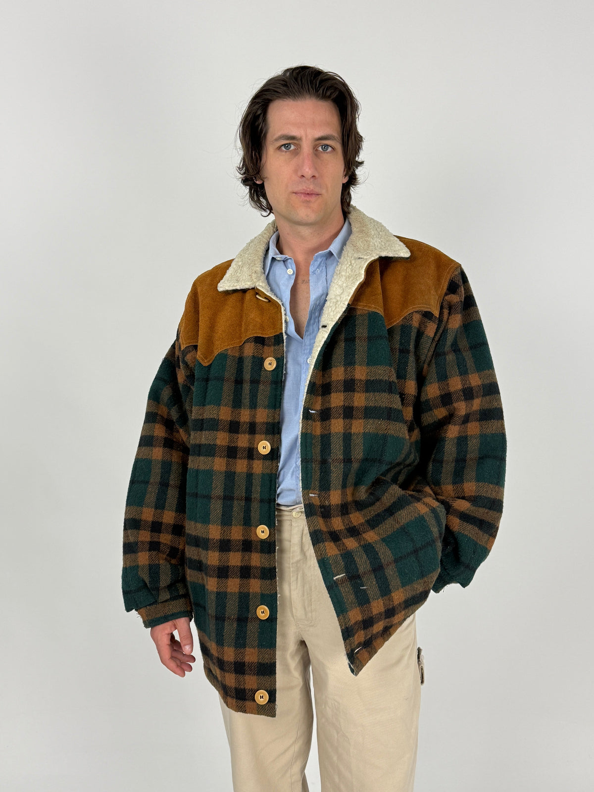 Giacca Levi’s Western Sherpa a Quadri Primi anni '80 in Lana e Camoscio - Taglia L
