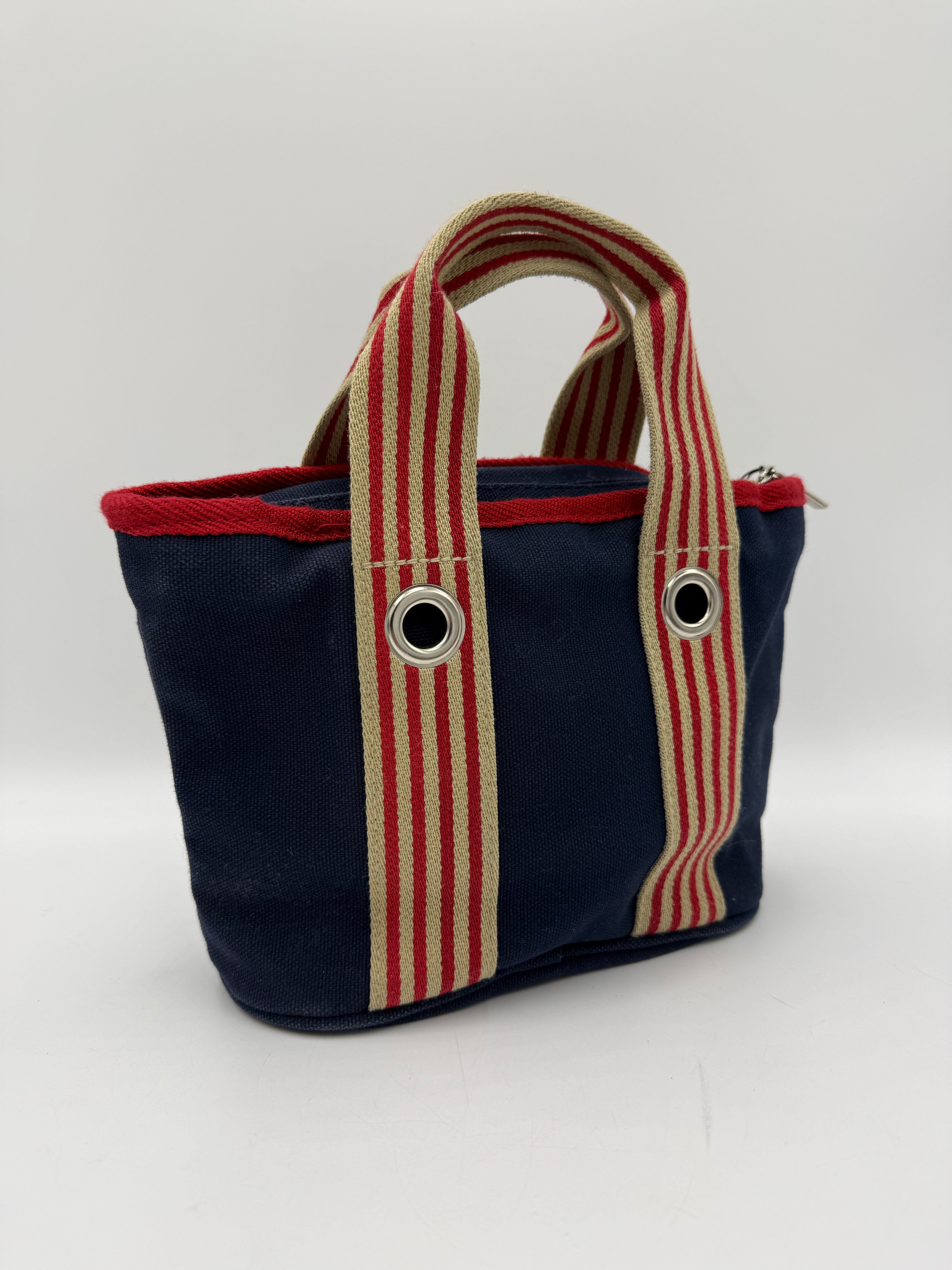 Borsa a Mano Lacoste Vintage in Tela Canvas Blu Navy e Righe Rosse