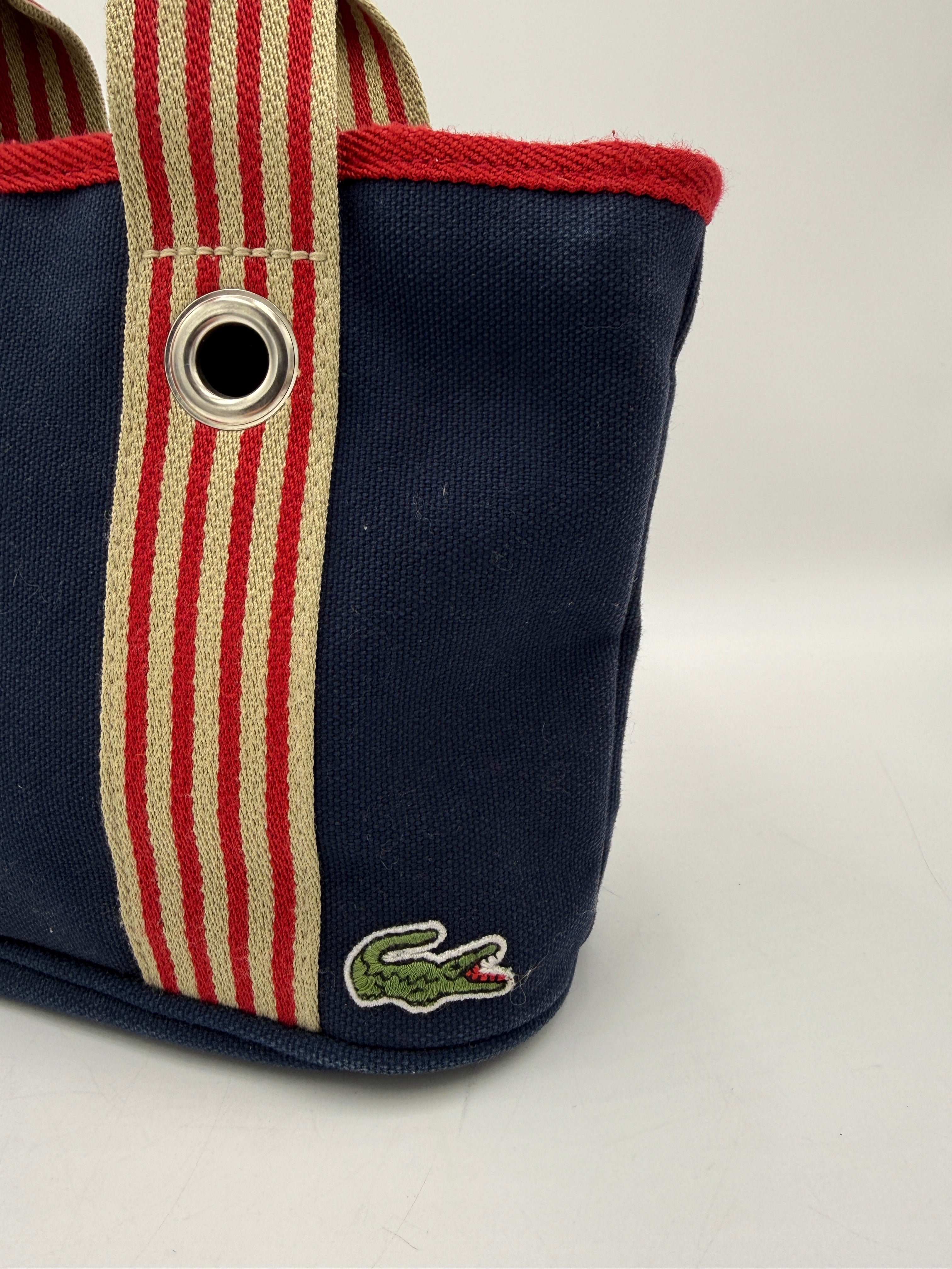 Borsa a Mano Lacoste Vintage in Tela Canvas Blu Navy e Righe Rosse