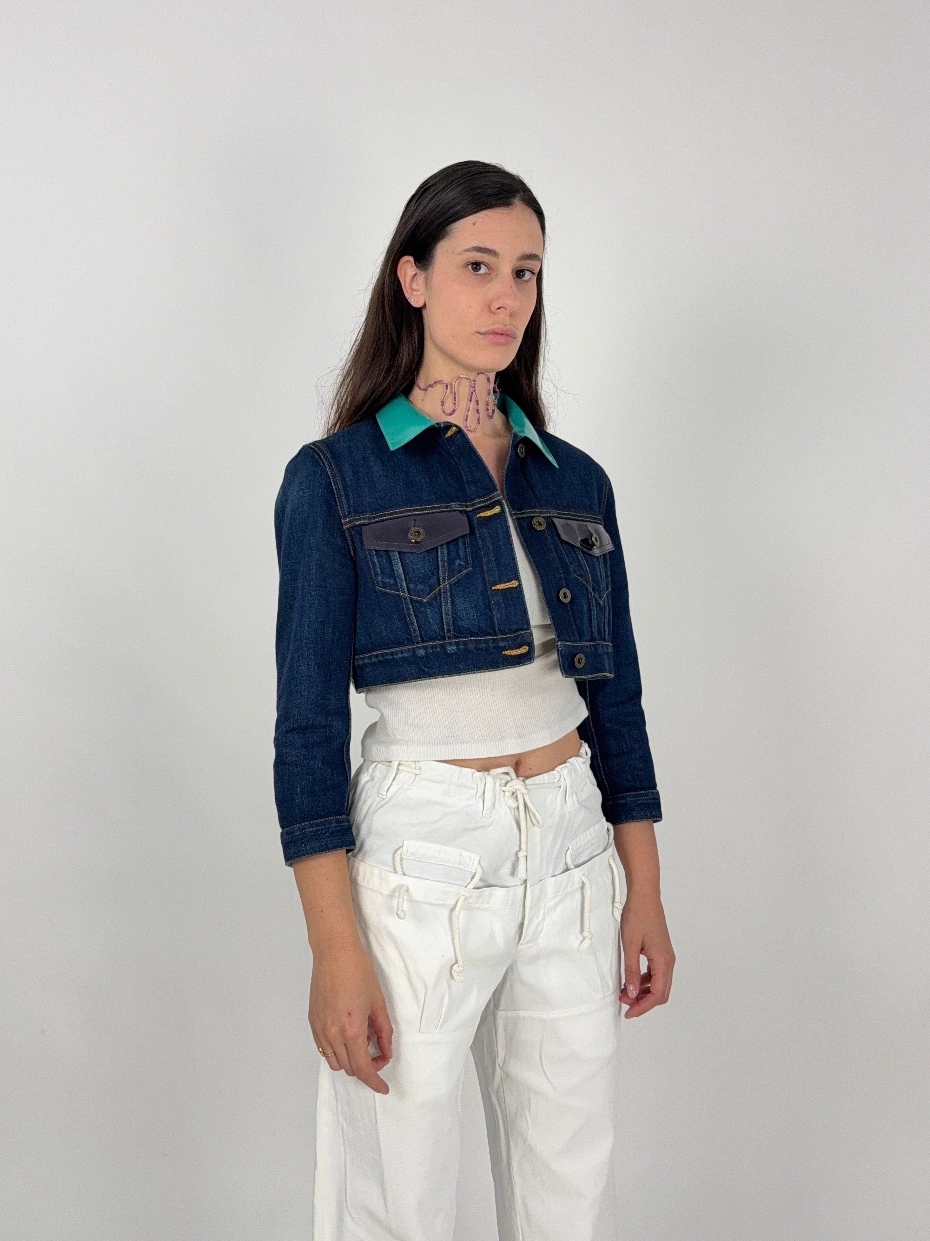 Giacca di Jeans Cropped Burberry Prorsum - con Colletto in Vernice Tiffany