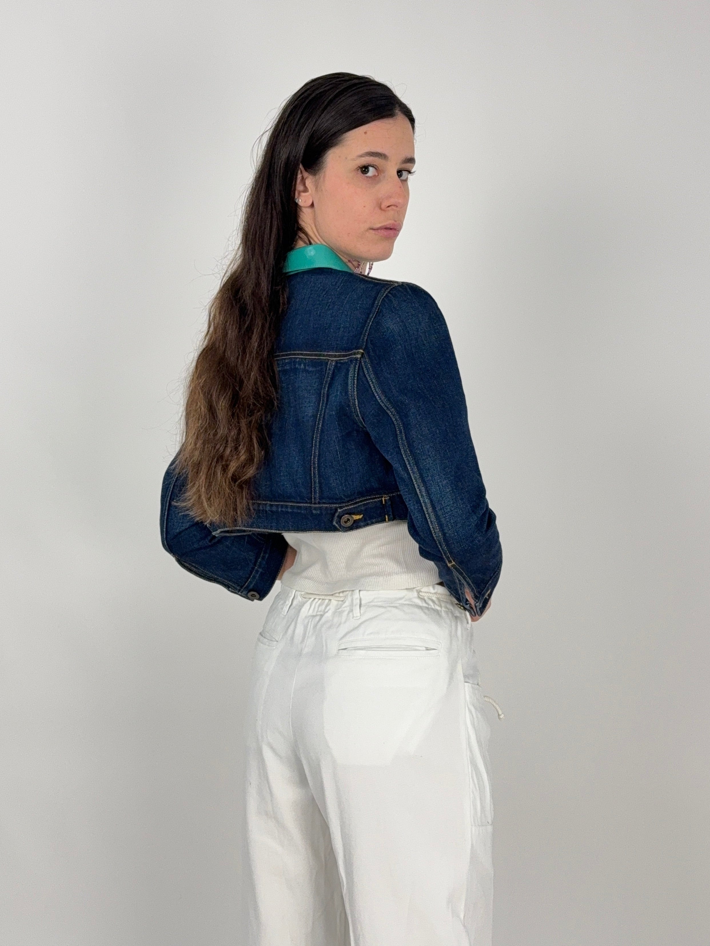 Giacca di Jeans Cropped Burberry Prorsum - con Colletto in Vernice Tiffany