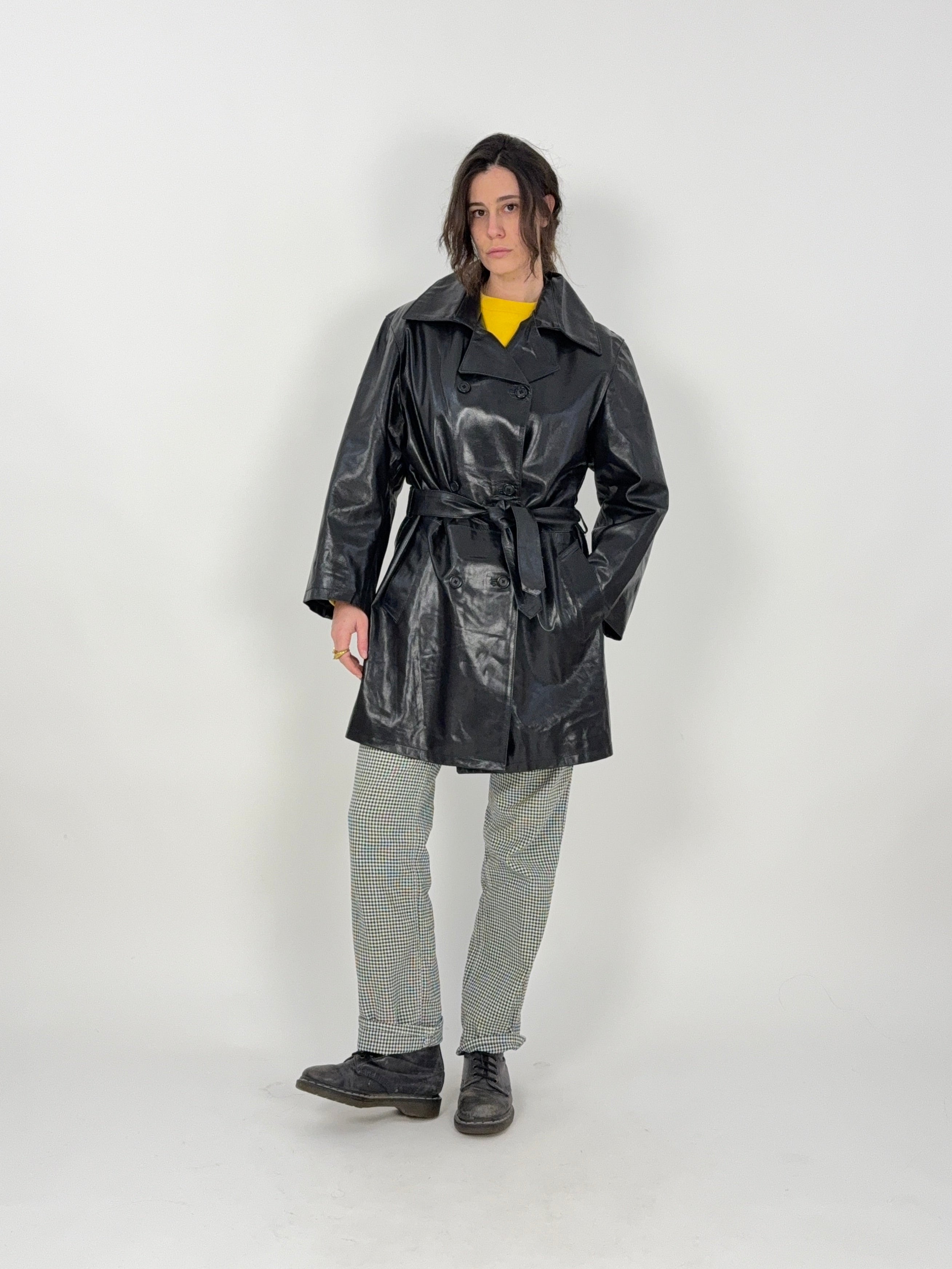 Giacca lunga in pelle nera primi anni '80