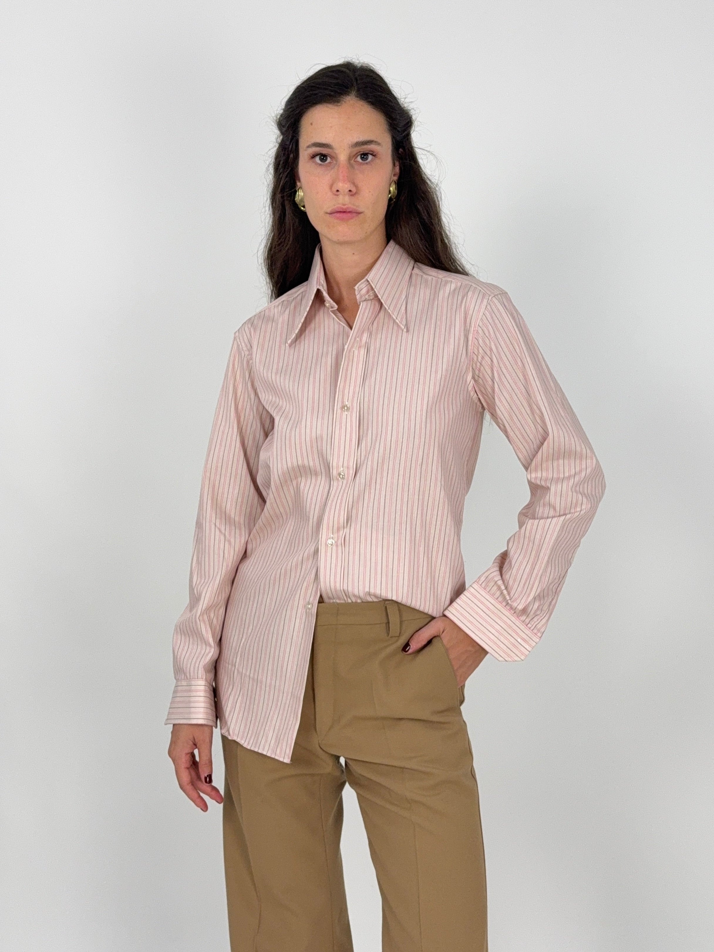 Aramis camicia righe rosa bordeaux vintage anni 70 - fronte intero indossato donna taglia L