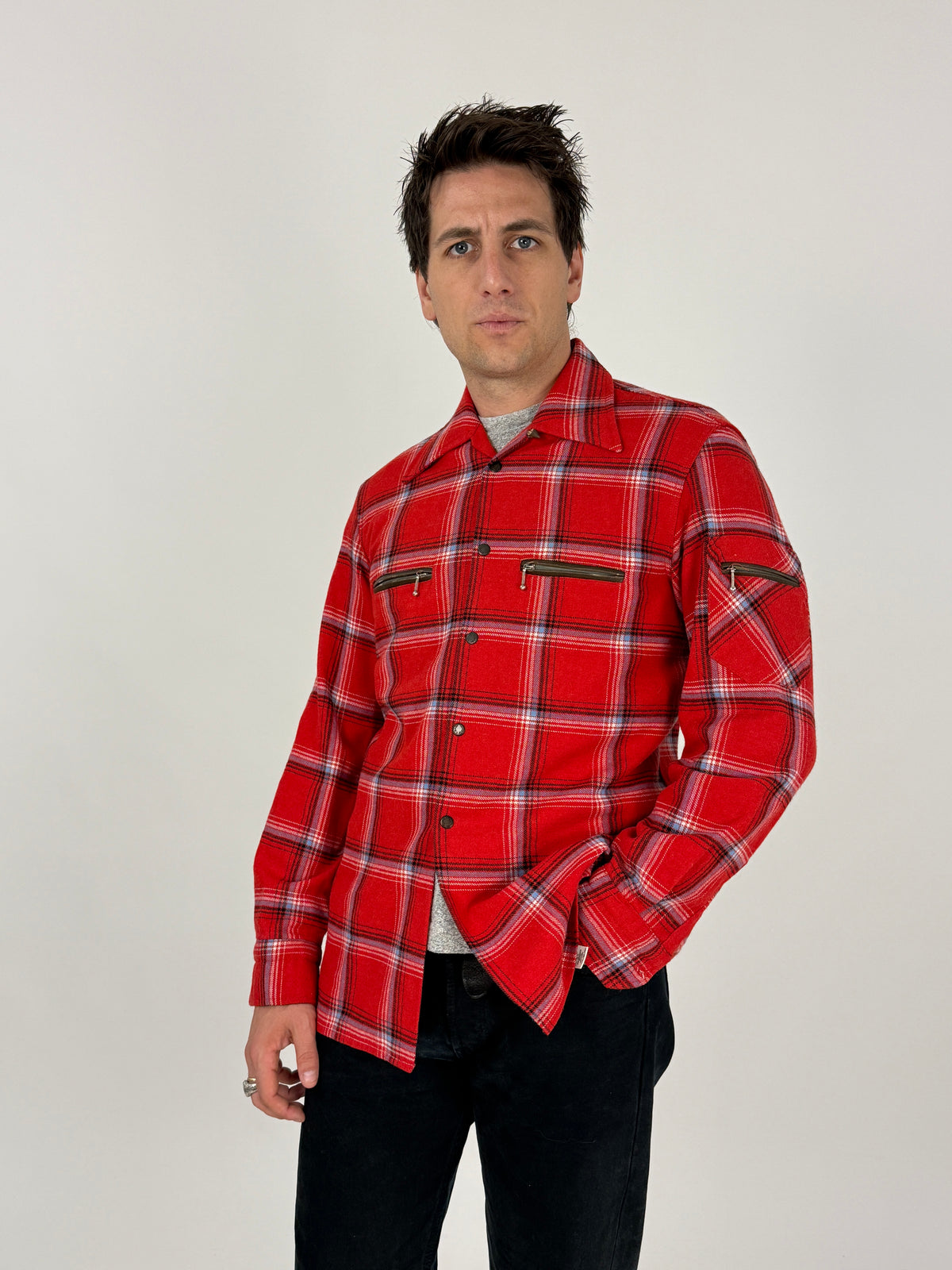 Carlo Mauri camicia flanella lana tartan rosso vintage anni 70 - retro indossato taglia M