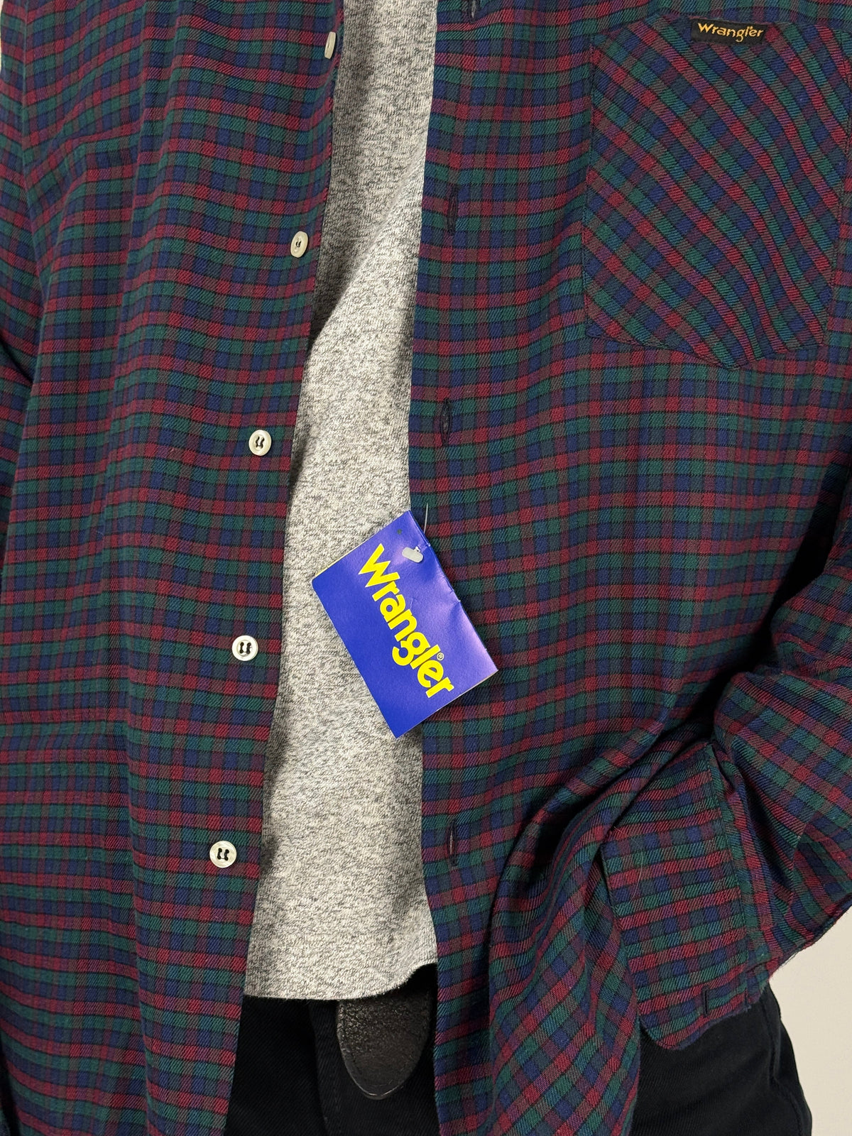 Wrangler camicia quadri deadstock vintage anni 80 - dettaglio colletto button down ed etichetta taglia M