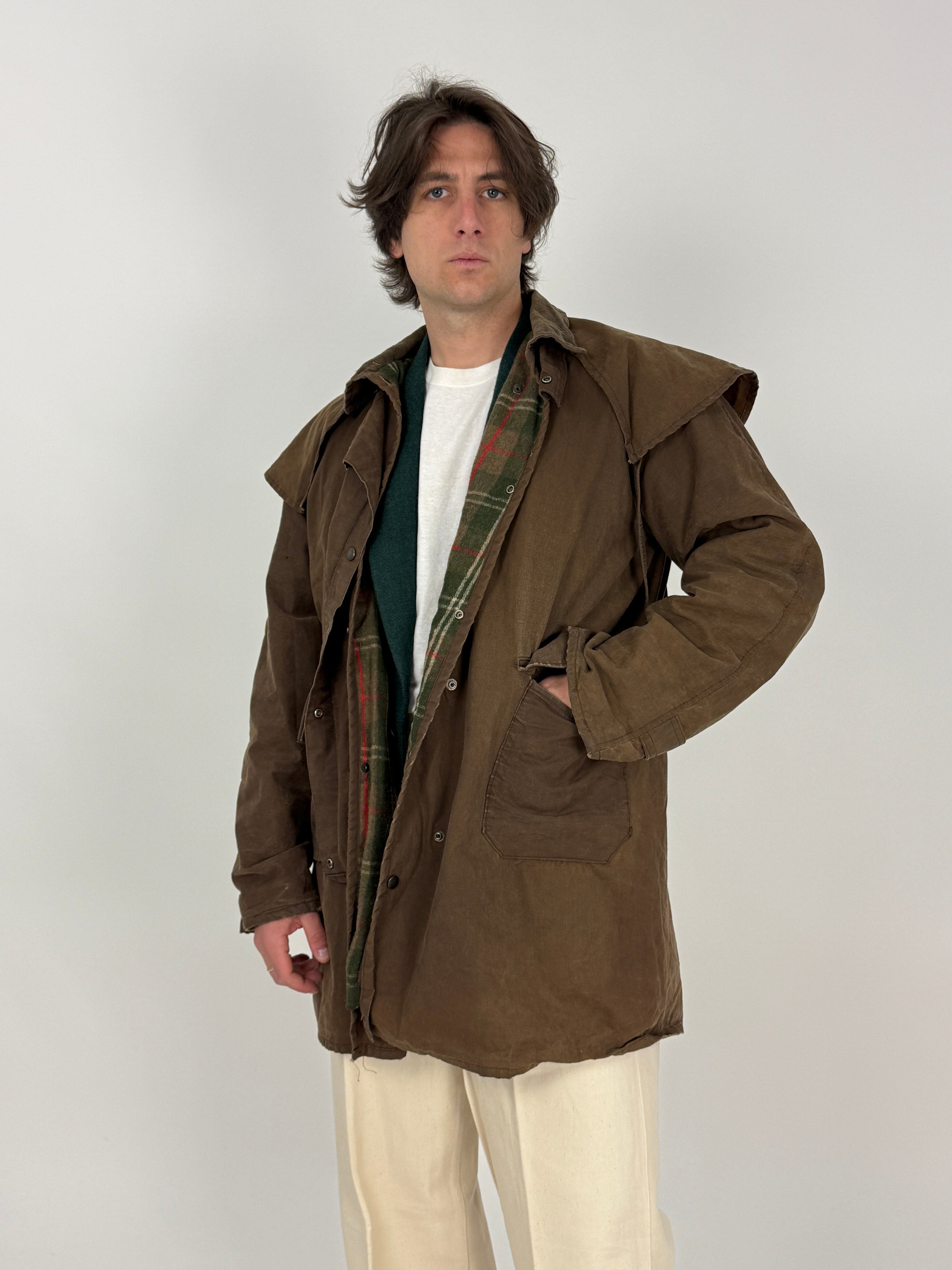 giacca cerata marrone vintage con fodera tartan da uomo