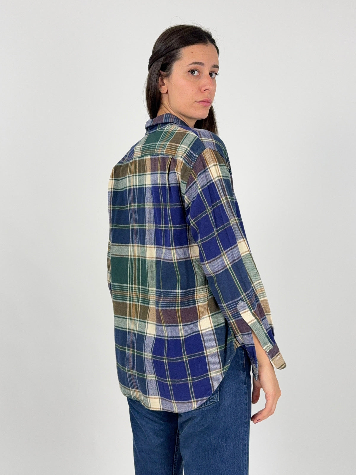 Camicia flanella cotone tartan blu verde beige vintage anni 90 - retro indossato taglia S