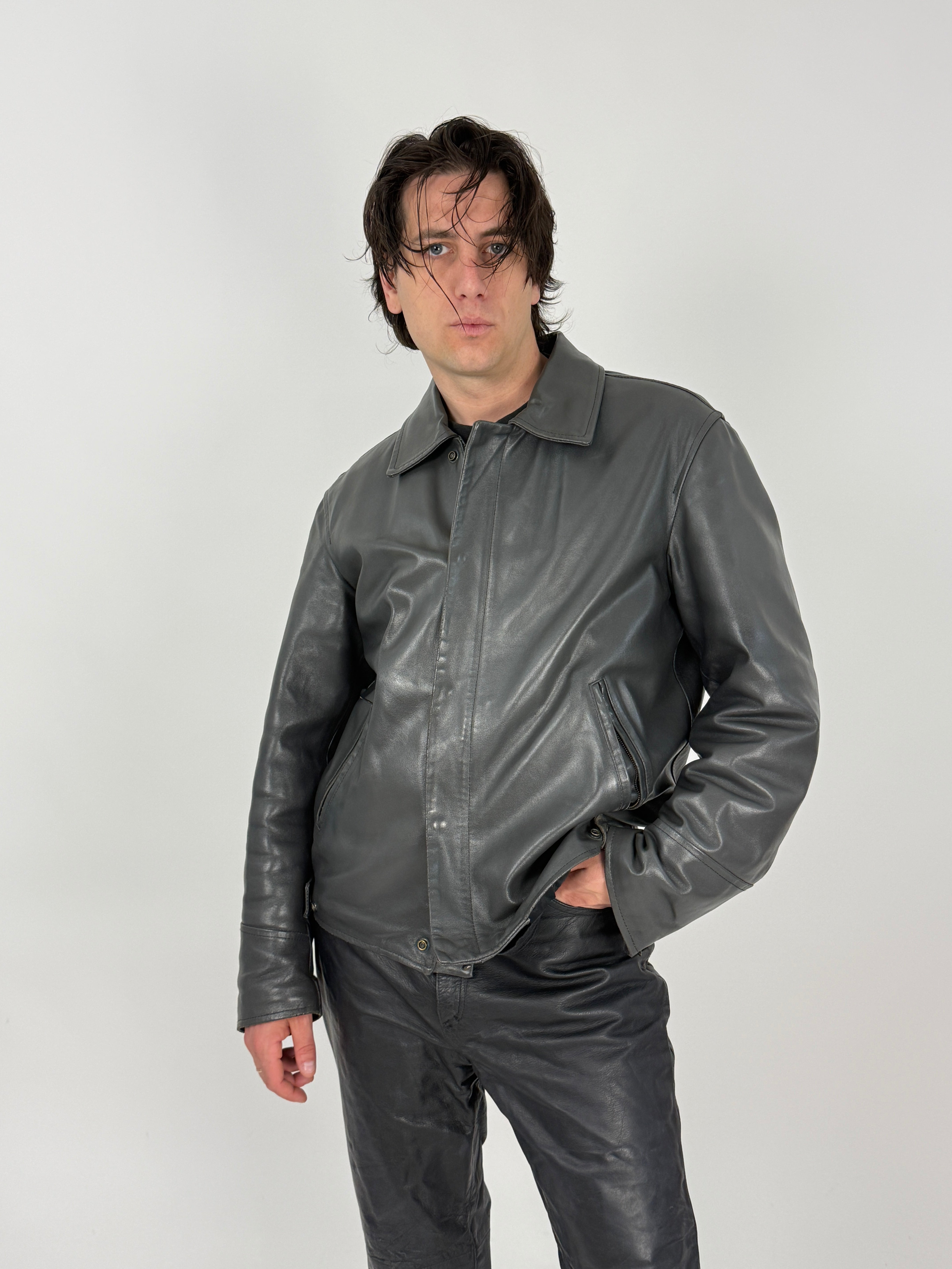 Giacca in Pelle Grigio Antracite Vintage - Taglia M/L